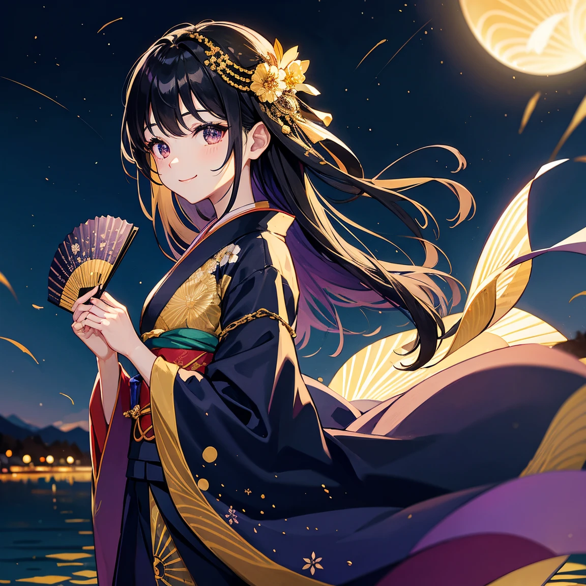 black hair、golden eye、beautiful、juvenile、fireflies fly around、Black and purple firefly and moon pattern wearing kimono、Holding a folding fan、male、smiling、Near the river