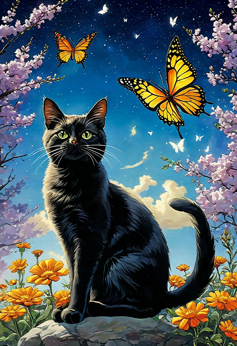 painting of two gatos with borboletas and a butterfly in the sky, arte caprichosa, two gatos, illustration of 2 gatos, linda arte, borboletas, por Elaine Hamilton, por Tadeusz Brzozowski, por Pat Adams, gatos, por Lisa Milroy, cat cat dreamgatos, por Ivan Generalic, profundidade incrível, por Alison Kinnaird