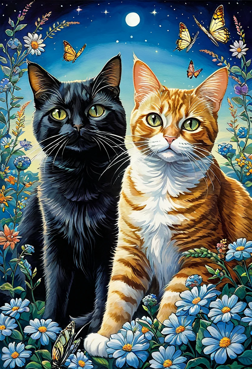 painting of two gatos with borboletas and a butterfly in the sky, arte caprichosa, two gatos, illustration of 2 gatos, linda arte, borboletas, por Elaine Hamilton, por Tadeusz Brzozowski, por Pat Adams, gatos, por Lisa Milroy, cat cat dreamgatos, por Ivan Generalic, profundidade incrível, por Alison Kinnaird