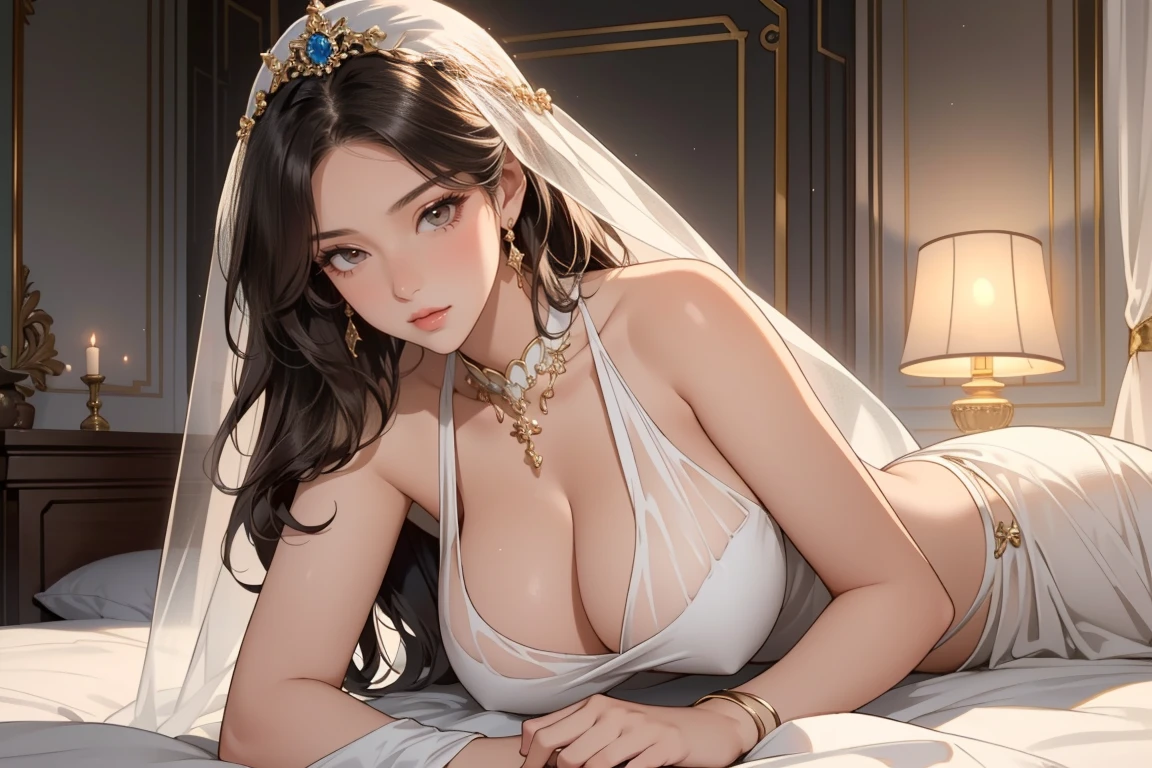 ((Masterpiece, top quality, high resolution)), ((highly detailed CG unified 8K wallpaper)), (huge stunning goddess shot, so hot and , jaw dropping beauty, perfect proportions, beautiful body, slim body beauty:1.3), Desert princess, Arabian Nights scene, fantasy, wearing veil and harem dancer costume, ancient Persian royal palace, luxurious bedroom, lying in bed, Lamp light in a dark bedroom, long dark hair, almond eyes, see-through costume is dominated by wind,