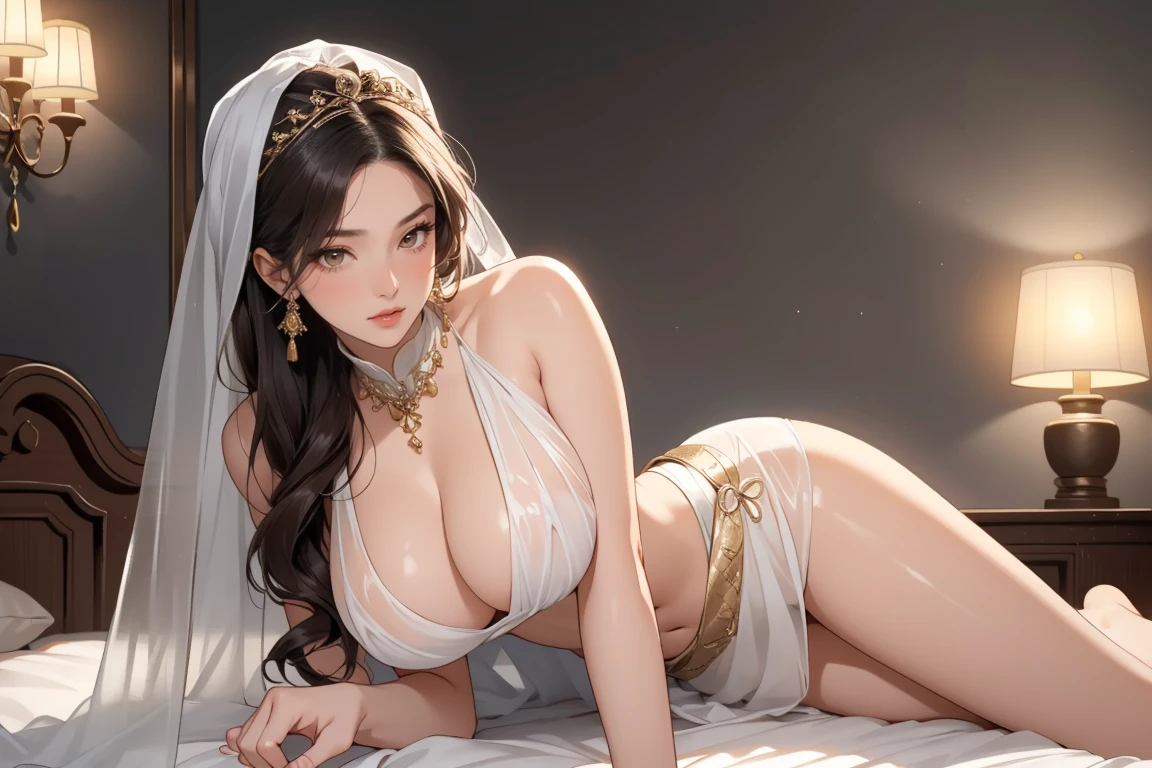 ((masterpiece, Highest quality, High resolution)), ((Highly detailed CG integrated 8K wallpaper)), (Huge and stunning goddess shot, Very hot and sexy, Amazing beauty, Perfect Proportions, Beautiful body, Slim body beauty:1.3), Desert Princess, Arabian Nights scene, Fantasy, Wearing a veil and a harem dancer costume, Ancient Persian palace, Luxury Bedroom, Lying in bed, Lamp light in a dark bedroom, Long black hair, Almond Eyes, The see-through outfit is dominated by the wind.,