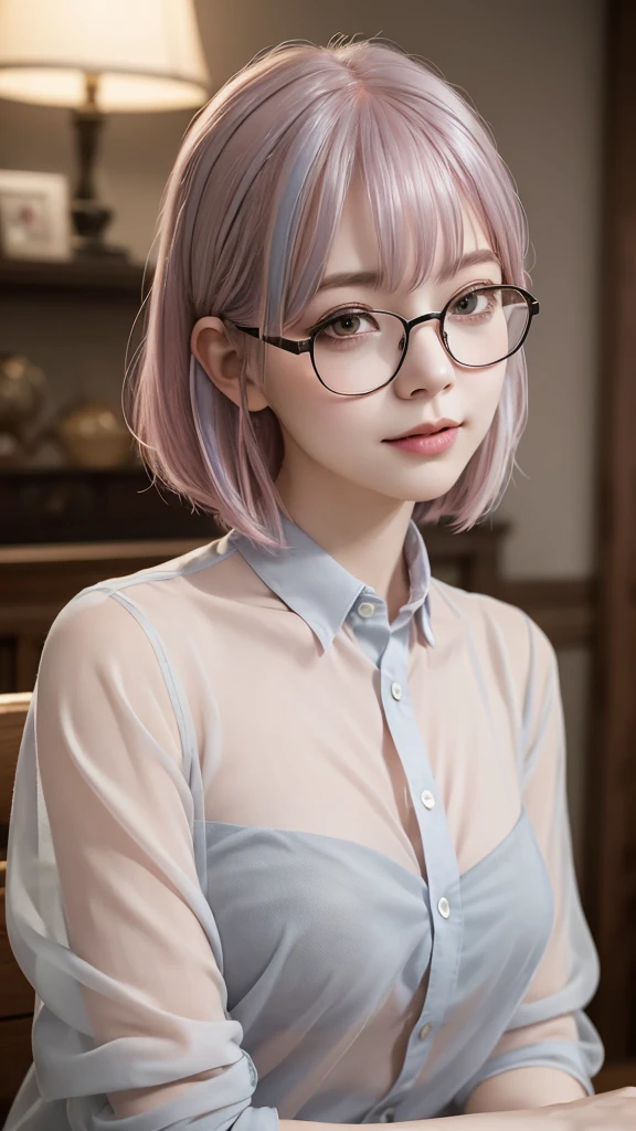 ((high quality)),Tabletop, RAW PHOTO, (Detailed depiction of the site:1.2), Beautiful girls, one girl, soft smile, (sheer shirt:1.3),Enchanted Valley, Mouth closed, Long eyelashes, look away, Portraiture, Upper Body, pink hair, Gray Theme, (pixiehair:1.4), short bangs, wire frame glasses,