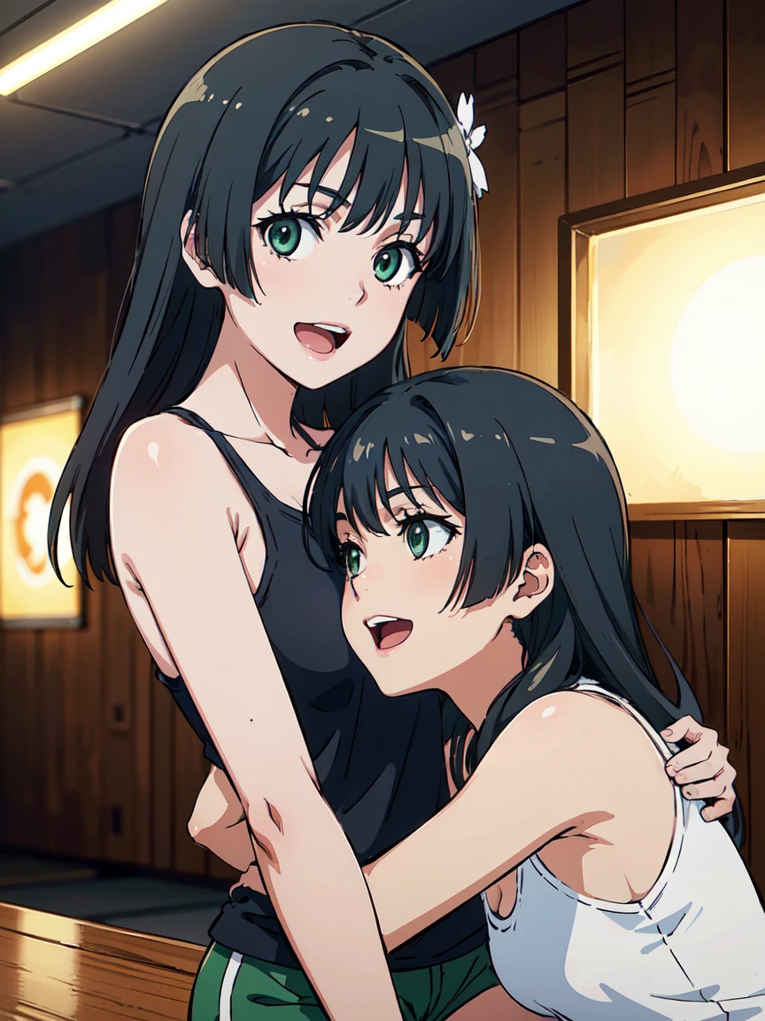 hug, (High resolution:1.4), (masutepiece:1.2), (High quality:1.3) 1girl, saten ruiko, green eyes, long hair, black hair, small breast, tank top, hot pants, cinematic lighting,  pov, dynamic angle, nsfw, open mouth, smile