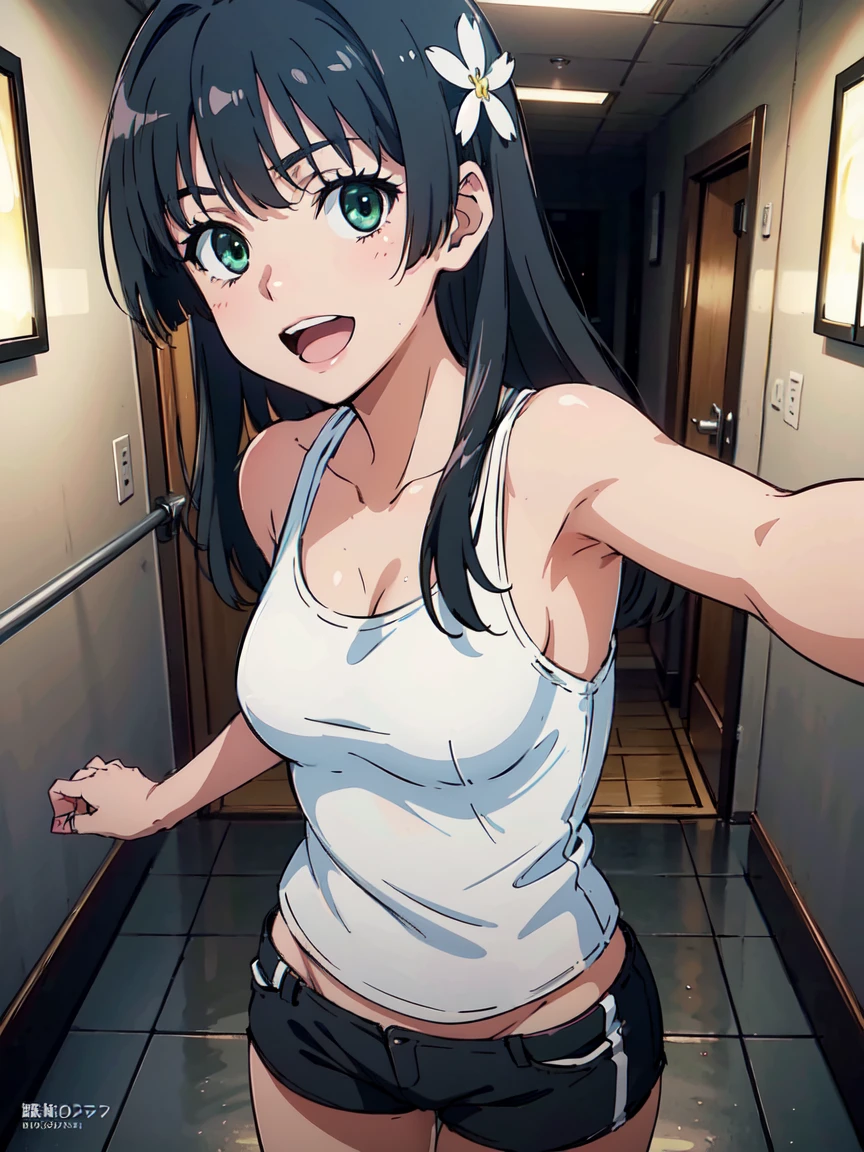 hug, (High resolution:1.4), (masutepiece:1.2), (High quality:1.3) 1girl, saten ruiko, green eyes, long hair, black hair, small breast, tank top, hot pants, cinematic lighting,  pov, dynamic angle, nsfw, open mouth, smile