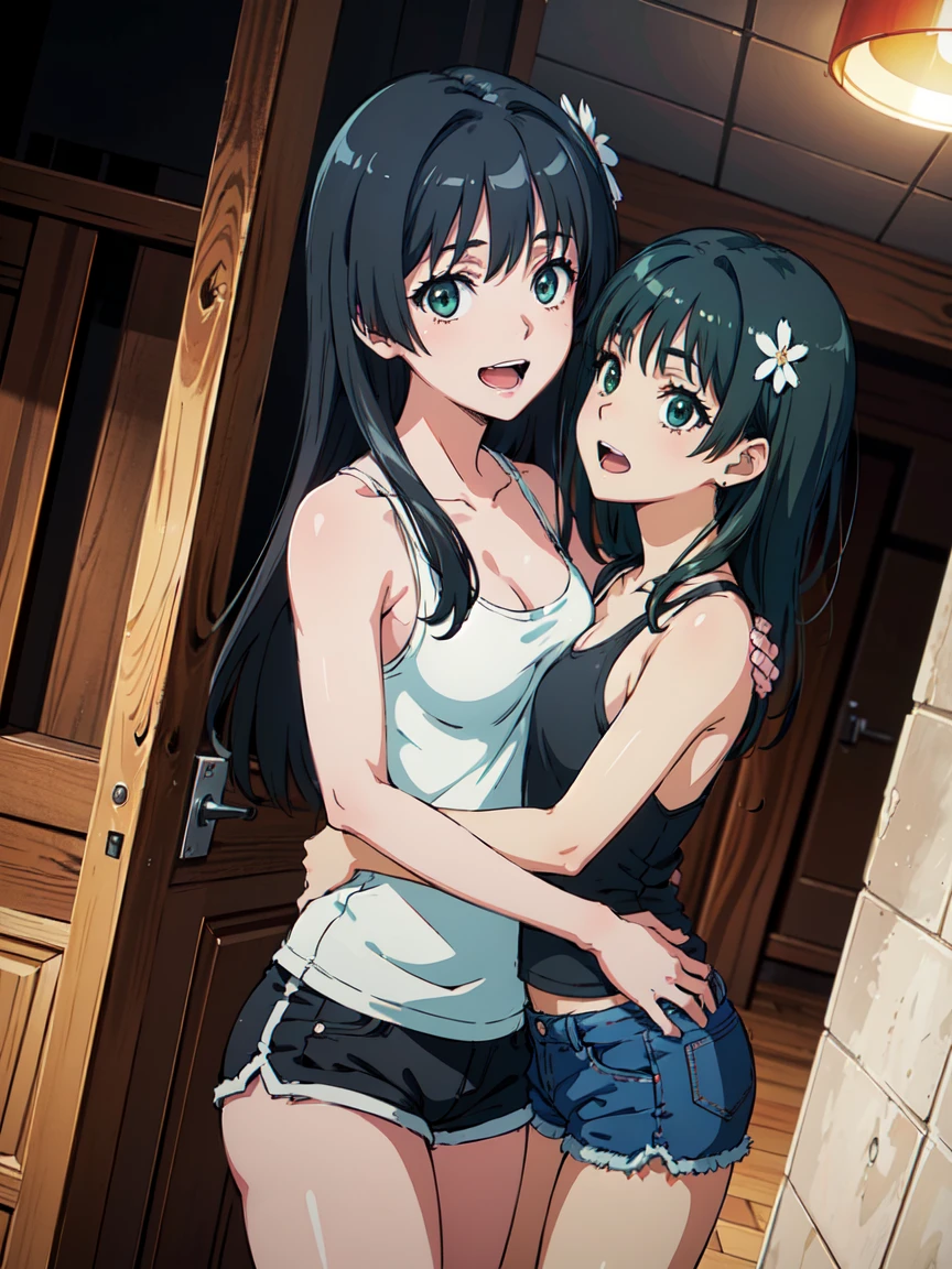 hug, (High resolution:1.4), (masutepiece:1.2), (High quality:1.3) 1girl, saten ruiko, green eyes, long hair, black hair, small breast, tank top, hot pants, cinematic lighting,  pov, dynamic angle, nsfw, open mouth, smile