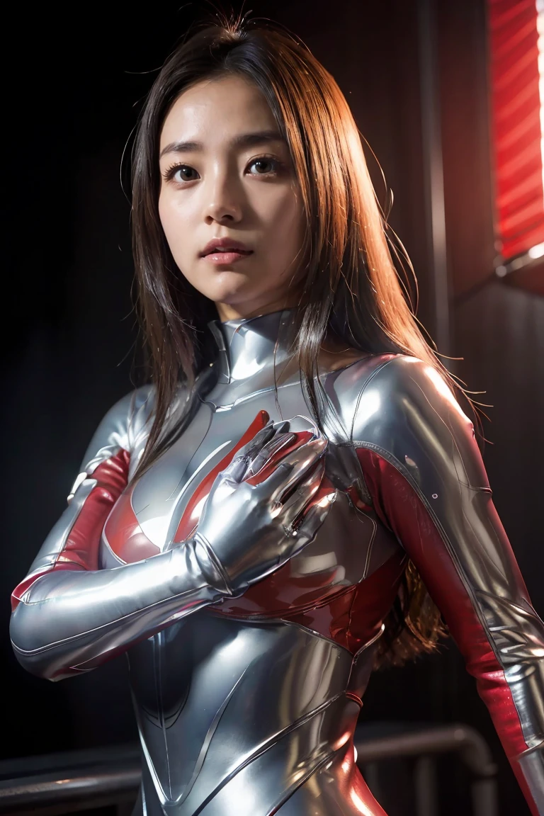 Ultraman、Realistic、Realistic、Cinema Lighting, Girl in shiny red and silver suit、15 years old、Professional photos、Don&#39;Do not expose your skin, Japanese Model, japanese cgi、Ultraman Suit、, Power Rangers Suit、Tight and thin cyber suit,The whole body is as soft as rubber.、There&#39;s pink There、 Delicate body, Big Breasts、Small Ass、Thin thighs、Thin arms、Narrow waist、Camel Toe、Both sides of the cybersuit fit snugly against the skin.、Big eyes、Black Short Hair、Look forward、Look forward立っている、A glowing sphere is embedded in his chest..、Essay exam、 Blue sky background