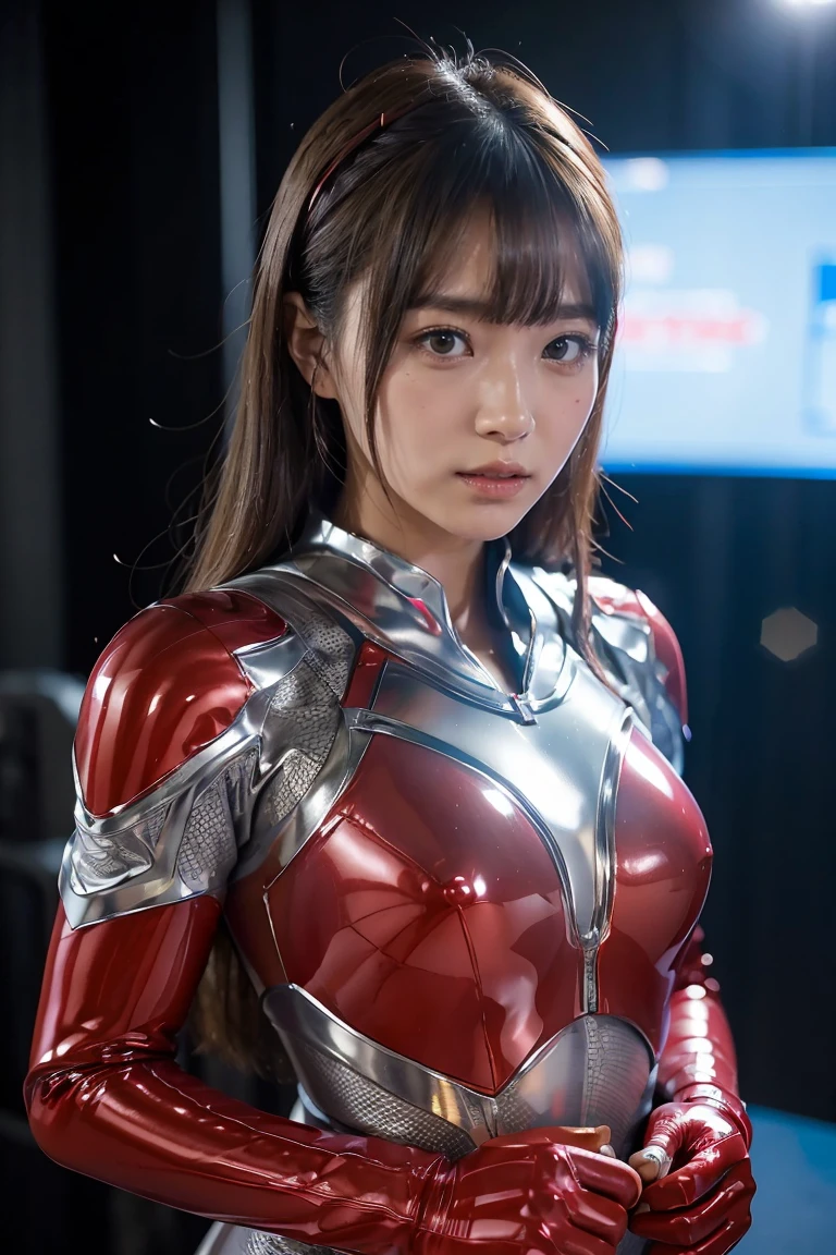 Ultraman、Realistic、Realistic、Cinema Lighting, Girl in shiny red and silver suit、、Professional photos、Don&#39;Do not expose your skin, Japanese Model, japanese cgi、Ultraman Suit、, Power Rangers Suit、Tight and thin cyber suit,The whole body is as soft as rubber.、There&#39;s pink There、 Delicate body, Big Breasts、Small Ass、Thin thighs、Thin arms、Narrow waist、Camel Toe、Both sides of the cybersuit fit snugly against the skin.、Big eyes、Black Short Hair、Look forward、Look forward立っている、A glowing sphere is embedded in his chest..、Essay exam、 Blue sky background