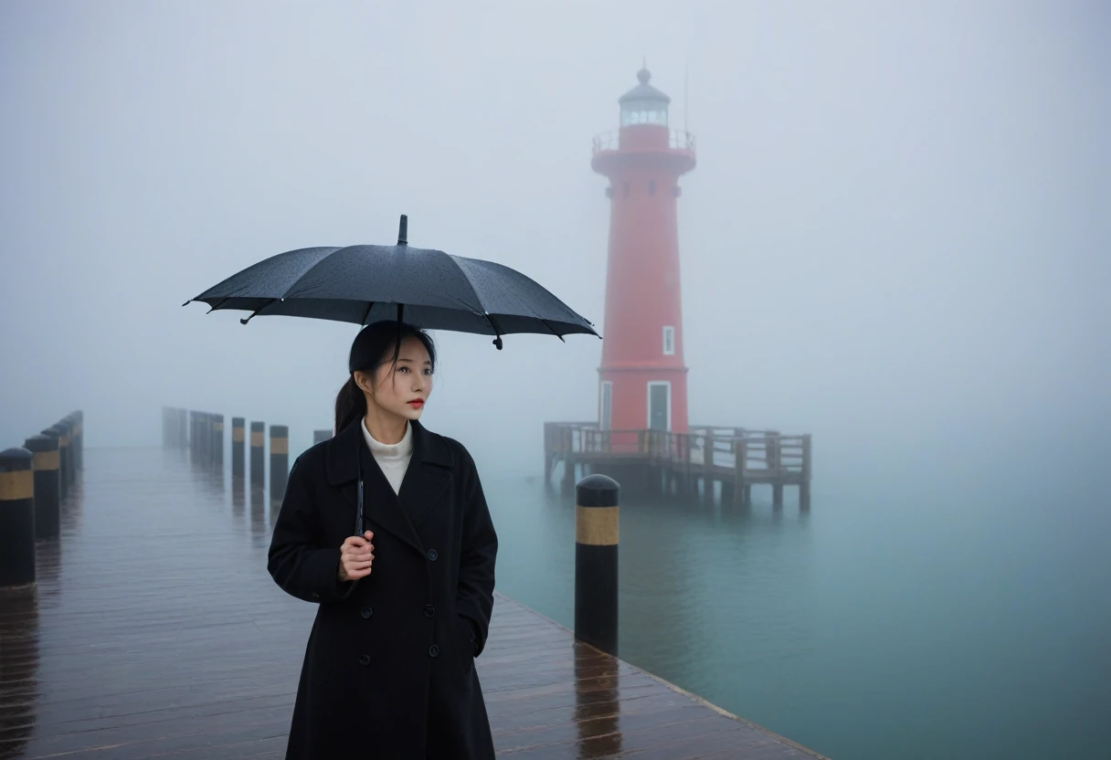 Beautiful 36 year old Korean woman, 짧은 middle 머리, Black coat, black umbrella, 멀리 Fog속 등대 불빛, cool,rain,blur,Fog,middle,cool,boring,,pier,only,lighthouse in the distance,dark coast, The dim light shines in the Fog,and the figure stands in the Fog holding . Full body shot with Canon Camera 16-35 wide angle lens