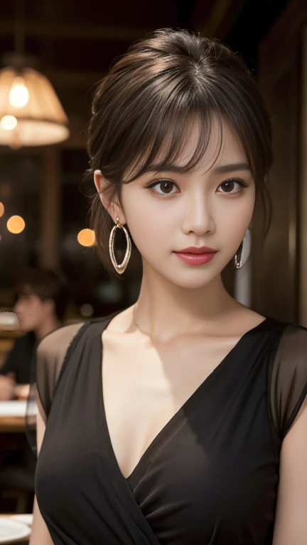masterpiece, best quality, Practical, Very detailed, Finer details, high resolution, 8k wallpaper, A beautiful woman, Wear a black see-through shirt, In a great restaurant, night, Light brown messy short hair, Perfect dynamic composition, Pretty and beautiful eyes、Big earrings