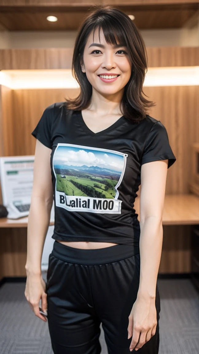 ((highest quality)), ((8k)), ((masterpiece: 1.3)), (Perfect appearance), (Photorealism: 1.6), (Walking woman), (One-way crosswalk), (office Street), Japanese Mature, 58 years old, ((Realistic skin texture)), (Fine lines all over the skin: 1.3), (Dull skin: 1.1), (Moisturized Skin: 1.2) , (Facial wrinkles: 0.9), (Wrinkles around the eyes: 1.2), double eyelid, Lower eyelid tear trough, (Crying Mole: 0.9), Eyes on you, Serious look, (Dimples: 1.2), Short bangs, Messy Hair, Hair with curled tips, Laugh with the corners of your mouth turned up, BREAK(Black short-sleeved T-shirt: 1.4),BREAK (Plain T-shirt: 1.4), (Body-fitting T-shirt: 1.6), (Black Army Pants: 1.4), Sneakers, (whole body: 1.4),