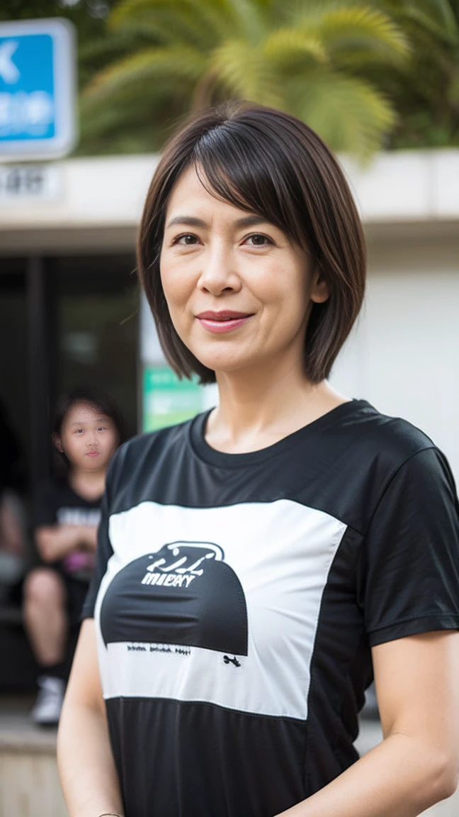 ((highest quality)), ((8k)), ((masterpiece: 1.3)), (Perfect appearance), (Photorealism: 1.6), (Walking woman), (One-way crosswalk), (office Street), Japanese Mature, 58 years old, ((Realistic skin texture)), (Fine lines all over the skin: 1.3), (Dull skin: 1.1), (Moisturized Skin: 1.2) , (Facial wrinkles: 0.9), (Wrinkles around the eyes: 1.2), double eyelid, Lower eyelid tear trough, (Crying Mole: 0.9), Eyes on you, Serious look, (Dimples: 1.2), Short bangs, Messy Hair, Hair with curled tips, Laugh with the corners of your mouth turned up, BREAK(Black short-sleeved T-shirt: 1.4),BREAK (Plain T-shirt: 1.4), (Body-fitting T-shirt: 1.6), (Black Army Pants: 1.4), Sneakers, (whole body: 1.4),