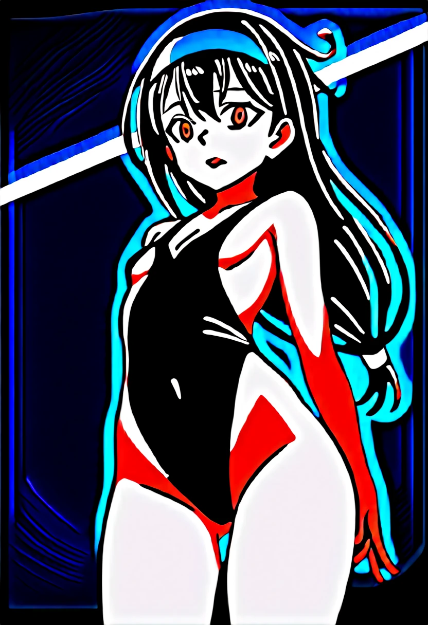 score_9, score_8_up, score_7_up, source_アニメ, Idealized Forms, Natural Light, details background, blurry background, extremely detailed,cartoons girl are standing wearing a futuristic outfit, 1girl,breasts,ass visible through thighs,bodysuit,covered navel,(But),hatsushimo(kancolle),brown eyes,(left(white)right(blue))headband,(black)long hair,(low-tied)hair,(black)hair,small breasts,(petite),closed eyes,open mouth,Electric current runs,Electricity Blame,Electric shock,(ripping cloth)
