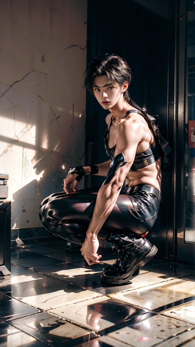 (1boy:1.3), male, Solo, (((Very detailed face)))), ((Very detailed eyes and face)))), Beautiful detail eyes, Body parts__, Official art, Unified 8k wallpaper, Super detailed, (Get on his hands and knees and show off his ass) masterpiece, best quality, original, masterpiece, super fine photo, best quality, super high resolution, realistic realism, sunlight, full body portrait, amazing beauty, dynamic pose, close hand, delicate face, vibrant eyes, (from the front), He wears latex, pink and black color scheme, detailed face, bedroom background, gorgeous, milky white, highly detailed skin, realistic skin details, visible pores, clear focus, volumetric fog, 8k uhd, DSLR, high quality, film grain, fair skin, photo realism, lomography, futuristic dystopian megalopolis, translucent