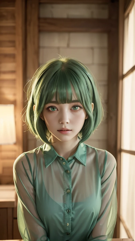 RAW PHOTO, ((high quality)),Tabletop,(Detailed depiction of the site:1.2), 1 girl, girl, one girl, soft smile, 26 years old, (sheer shirt),Enchanted Valley,Mouth closed,eyelash, look away, Portraiture, Upper Body, (green hair:1.4), (short hair:1.4), (short bangs:1.3), model posing, (green eyes;:1.3)