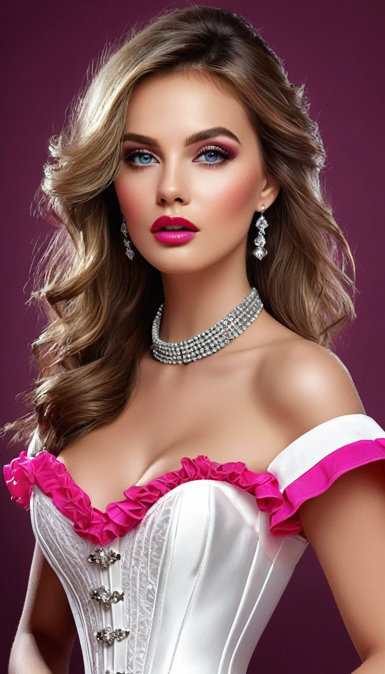 best quality,High resolution,illustration de mode,elegant models,Beautiful detailed eyes,Detailed lips and face,mode glamour,poses de piste,couleurs vives,Elegant dresses,accessoires magnifiques,éclairage de studio professionnel,peinture ultrafine,realistic textures,Parcours artistique,cleavage, she is wearing a white corset and a hot pink ruffle silk dress wit ruffle sleeves, diamond collier, collar