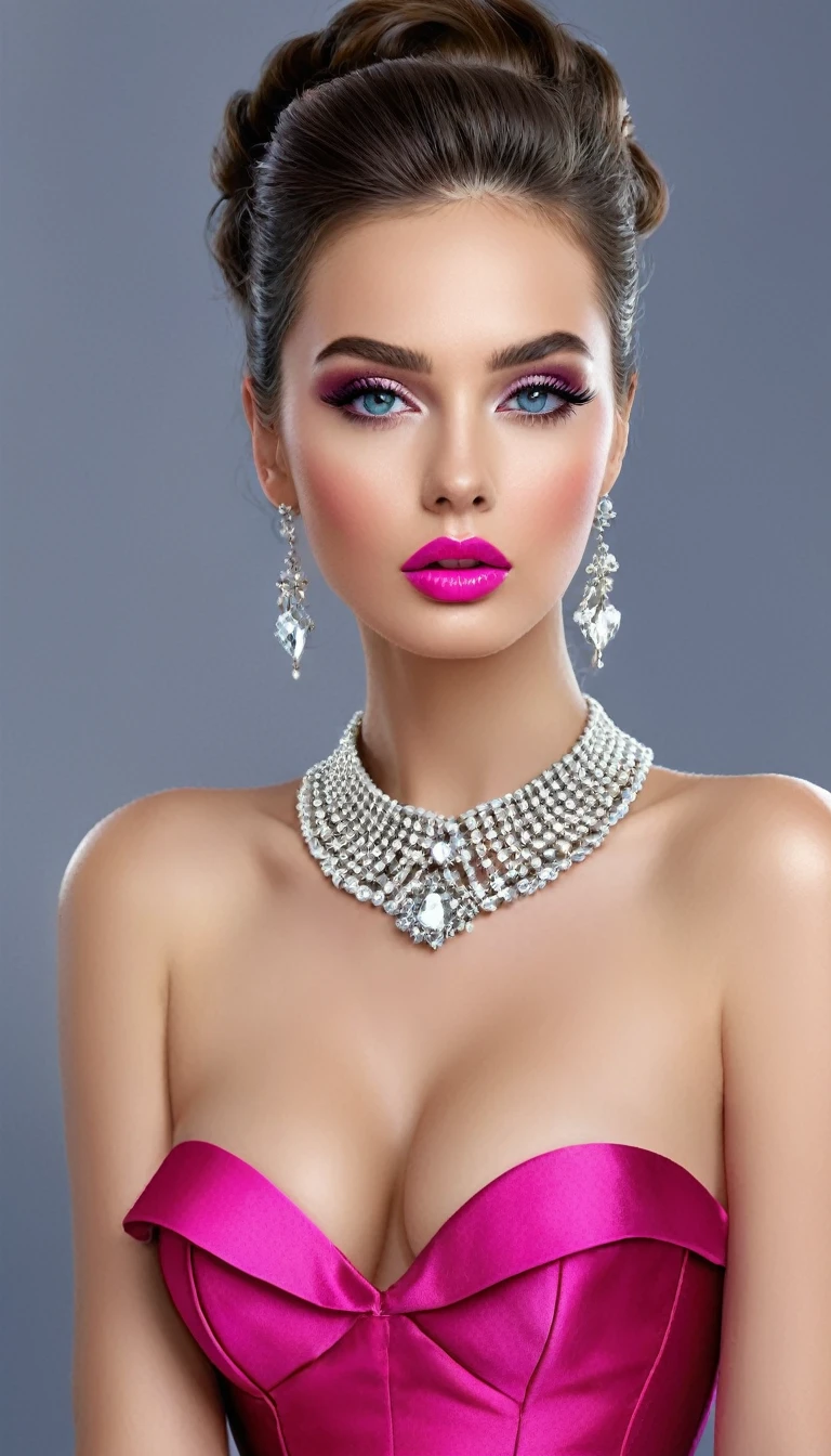 best quality,High resolution,illustration de mode,elegant models,Beautiful detailed eyes,Detailed lips and face,mode glamour,poses de piste,couleurs vives,Elegant dresses,accessoires magnifiques,éclairage de studio professionnel,peinture ultrafine,realistic textures,Parcours artistique,cleavage, she is wearing a white corset and a hot pink ruffle silk dress wit ruffle sleeves, diamond collier,  collar