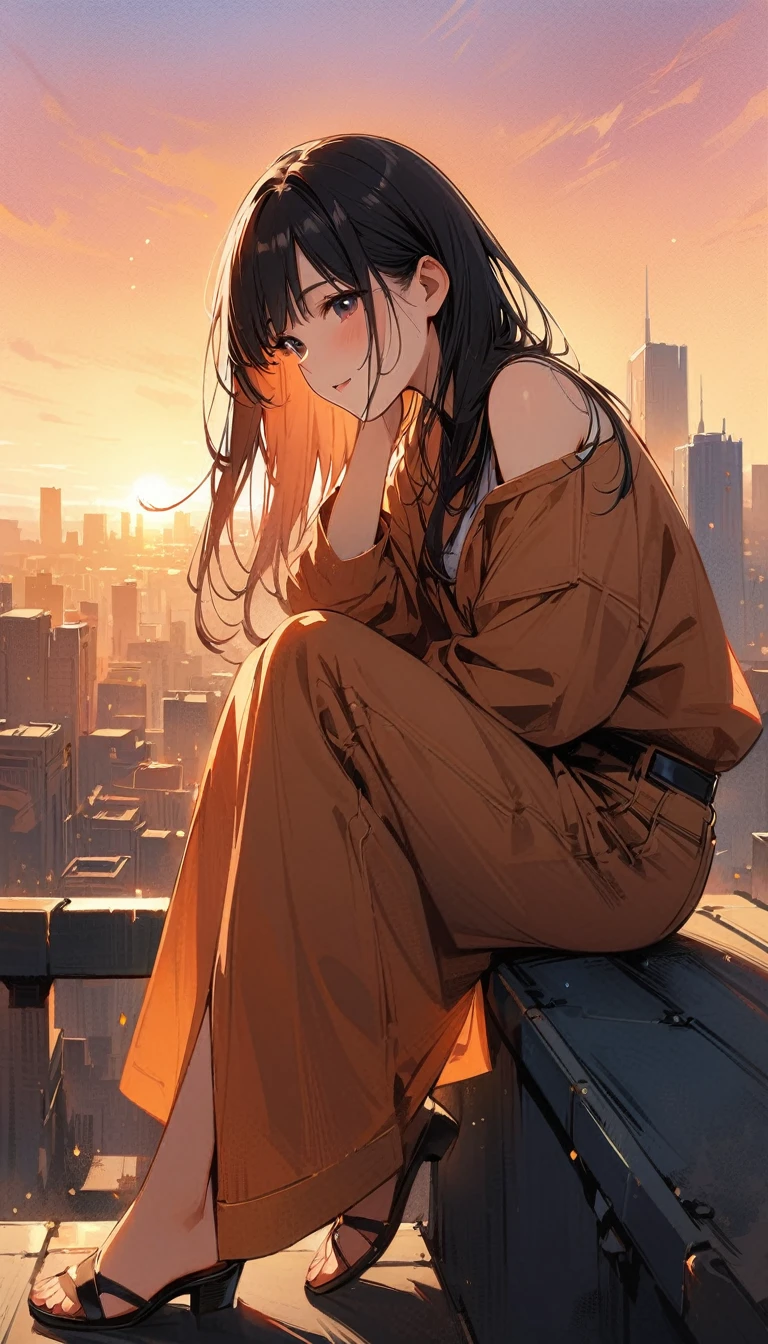 (masterpiece, best quality:1.2), 1 very beautiful girl, alone, Happy expression while sitting on a railing on the roof of a very tall building and looking up at the camera, The beauty of the sunset, simple background, Nizi 5,
