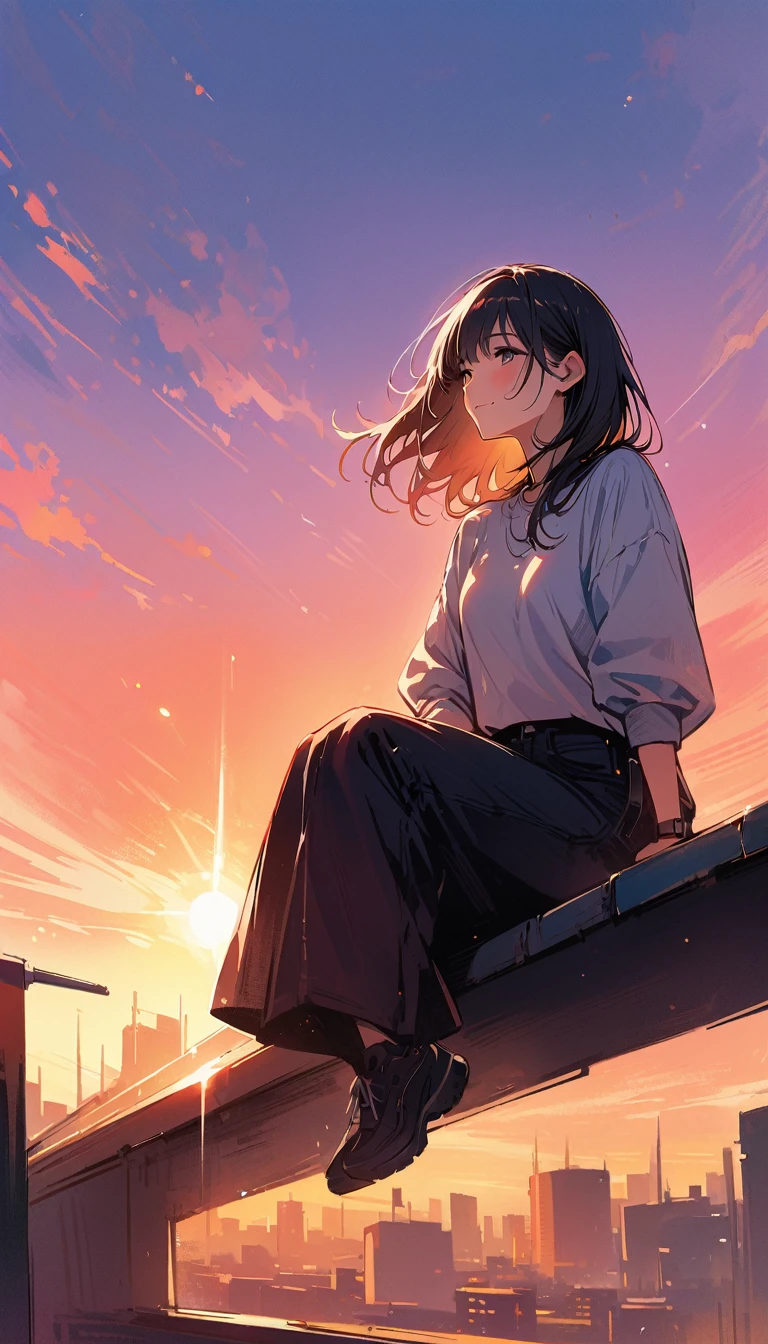 (masterpiece, best quality:1.2), 1 very beautiful girl, alone, Happy expression while sitting on a railing on the roof of a very tall building and looking up at the camera, The beauty of the sunset, simple background, Nizi 5,