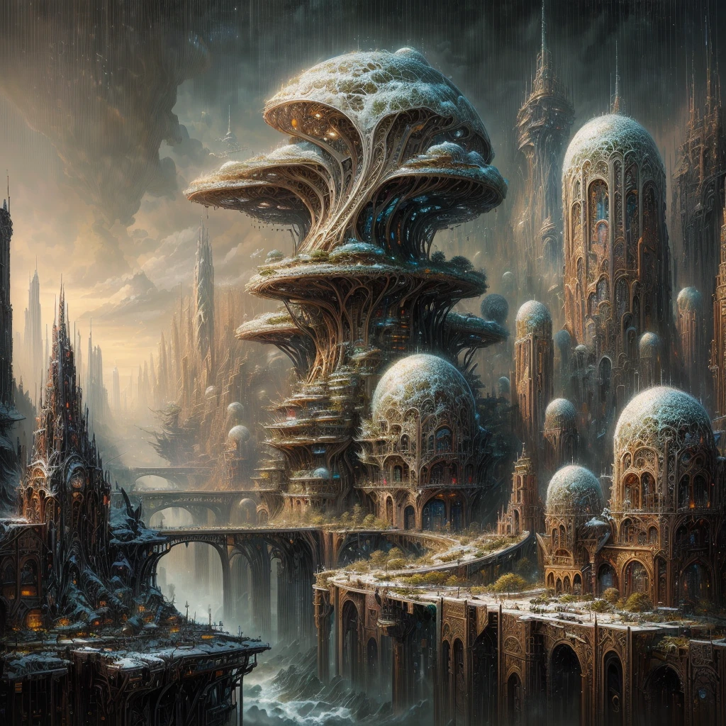 there is a painting of a city with a lot of buildings, symmetrical epic fantasy art, peter gric and dan mumford, big and structured valhalla city, an alien cityscape, an alien city, in fantasy sci - fi city, intricate futurism, alien city, detailed sci-fi art, detailed fantasy digital art, alien cityscape, surreal concept art