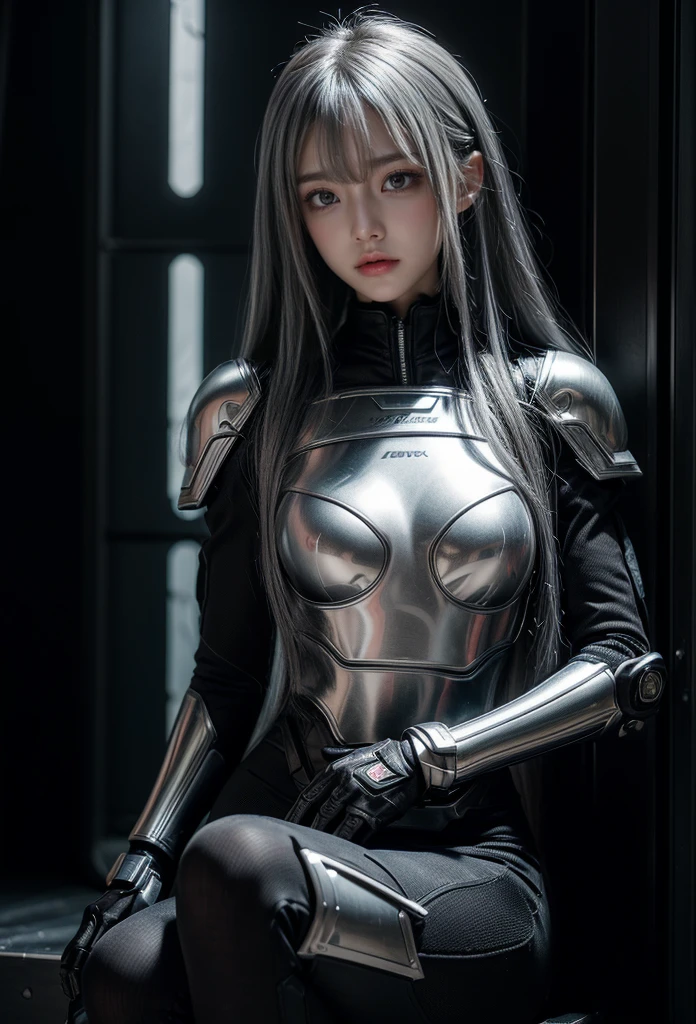 cyber angel,machine wing,{{Sci-Fi Armor}},cyber suit,cyberpunk,science fiction,cyber battle armor,Battledress,Military Uniforms,pants,black military uniform,whole body,Height: 168cm,almond shape eyes,{{{{{silver eyes}}}}},{{{{{dull bangs}}}}},(slanted eyes},{{whole body},{{{1 girl}}}, long hair, straight hair,{{{{silver hair}}}},{{{tsurime}}},30 years old,{Medium chest},{{bush}},silver eyes,{{{masterpiece}}}, {{{highest quality}}}, {{Super detailed}}, {shape}, {{very delicate and beautiful}},very detailed,detailed perfect,detailed hyper,Abundant thighs,big ass,black clothes
