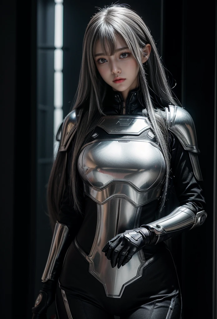 cyber angel,machine wing,{{Sci-Fi Armor}},cyber suit,cyberpunk,science fiction,cyber battle armor,Battledress,Military Uniforms,pants,black military uniform,whole body,Height: 168cm,almond shape eyes,{{{{{silver eyes}}}}},{{{{{dull bangs}}}}},(slanted eyes},{{whole body},{{{1 girl}}}, long hair, straight hair,{{{{silver hair}}}},{{{tsurime}}},30 years old,{Medium chest},{{bush}},silver eyes,{{{masterpiece}}}, {{{highest quality}}}, {{Super detailed}}, {shape}, {{very delicate and beautiful}},very detailed,detailed perfect,detailed hyper,Abundant thighs,big ass,black clothes