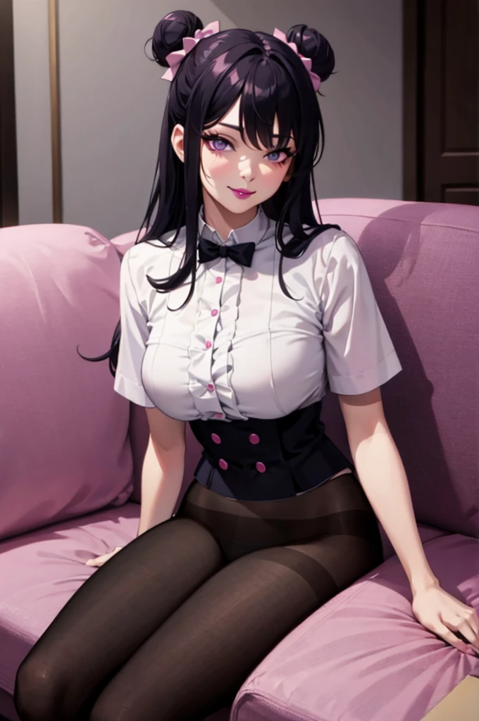 masterpiece, best quality, high quality, 4k, highres, anime, 1girl, 19 years old, purple eyes, colored lips, purple lips, pink eyeliner, makeup, long black hair with hair buns, pink bows on hair, smirk, white blouse, short sleeves, (black pantyhose), pantsushot, on the sofa, sexy, (solo)