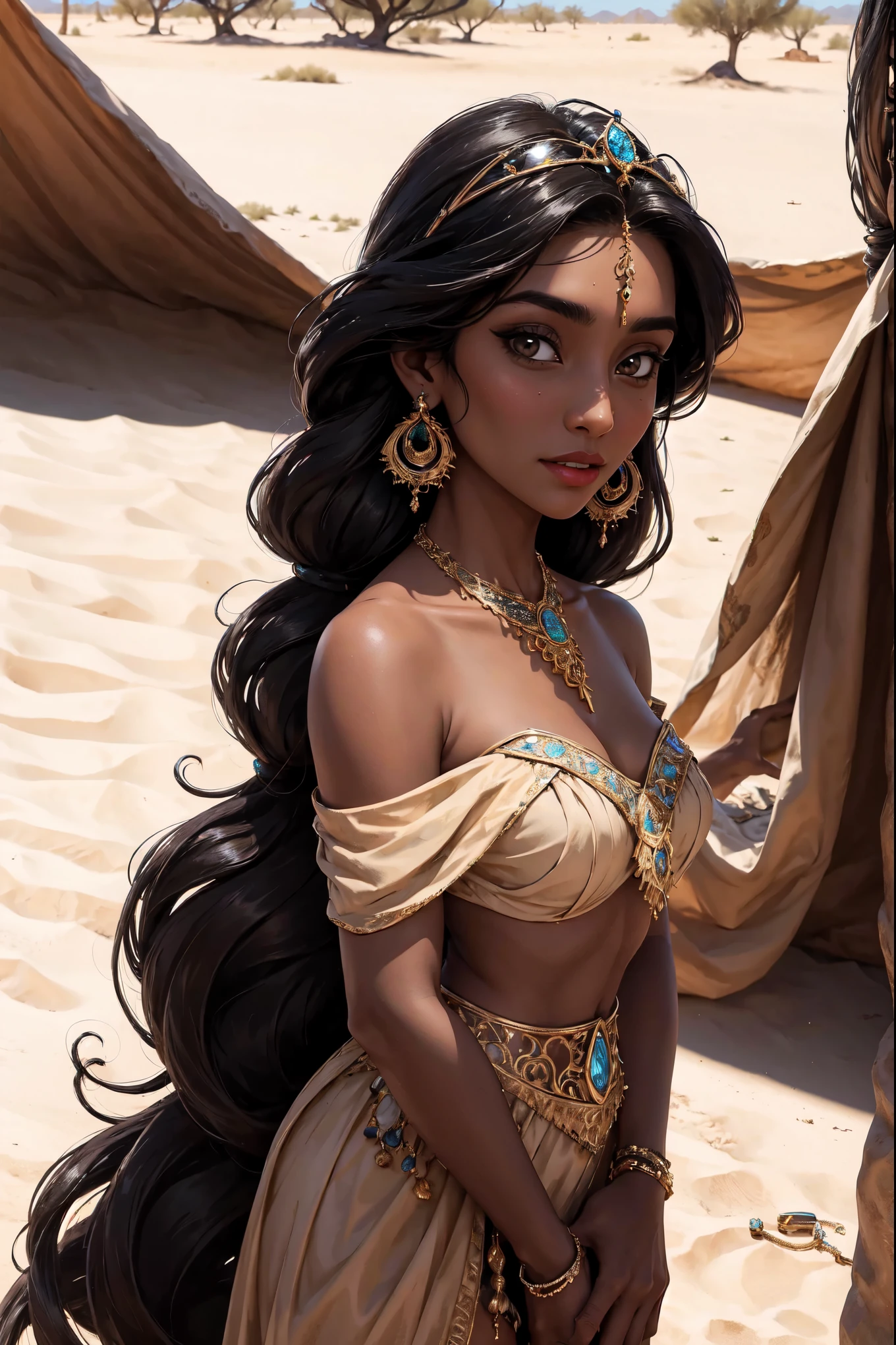 (Masterpiece, Best Quality, Hires:1.2), Detailed, Intricate Details, 12K, portrait, 1Girl, (Solo:1.2), Jasmine, long hair, black hair, brown eyes, jewelry, earrings, dark skin, necklace, off shoulder, circlet,  arabian clothes, looking at viewer, desert background