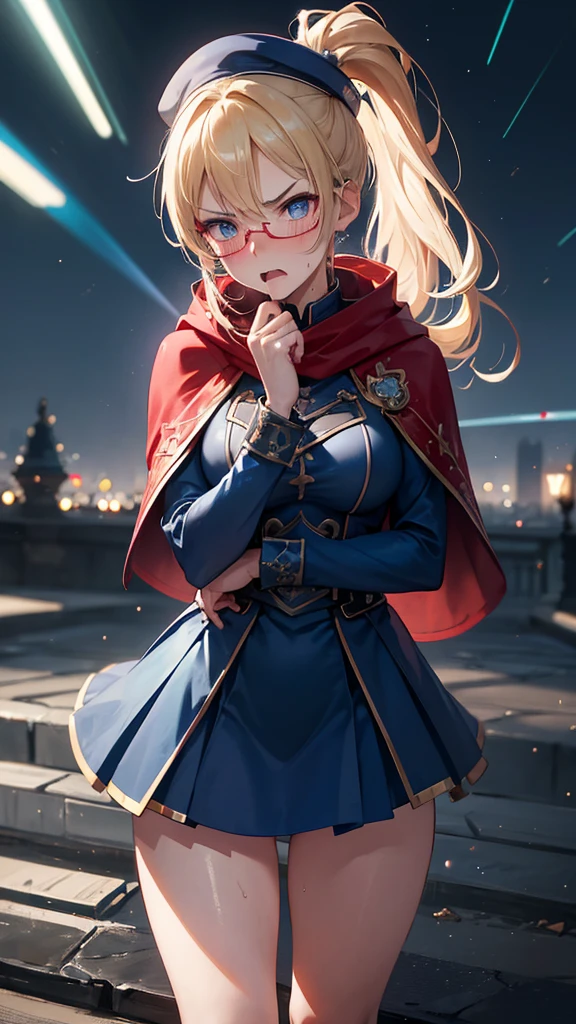 Best quality, Ultra detailed, best quality, insanely detailed, beautiful, masterpiece, 8k, 
break  
Lens Flare,night sky, Streaks of Light,refraction Glowing white lines ,Crossing Light,Shining Background, light particles
break 
crystal trees,
break 
1lady, blonde hair, medium hair, forehead, slicked back hair , high ponytail, red Beret, blue Scarf ,blue Compression Shirt, blue eye glasses,  blue eyes, ultra detailed eyes, blue sheath skirt, mini skirt, (red  cloak:1.2) ,blue boots, full body, portlait, (stare at viewer with stern eyes:1.5),(bitting own lip:1.1),(angry:1.2),nose blush,(shamefull:1.2), surprised,  half-closed eyes, jitome,(embarrassed,blush:1.3), ,nsfw,(ecstasy:1.3) ,(slut:1.2),(vulgarity:1.3),(fucked silly:1.1),(steam:1.1),(wet:0.8),(trembling:0.8),(tears:0.7) ,(drooling:0.6),(sweat:0.8), open mouth,(feeling weak:1.5)