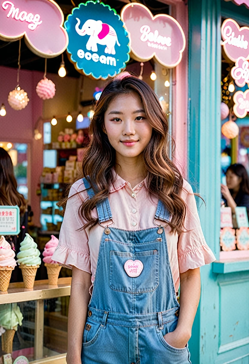 A captivating portrait photograph of a young Korean woman, standing proudly in front of a vibrant ice cream shop with pastel-colored walls and whimsical decorations. Her long, wavy brown hair complements her casual yet stylish outfit: faded denim overalls with a "Anonymous" patch and an embroidered pink elephant. Her radiant smile lights up the scene, while the background, adorned with framed pictures, exudes a soft and dreamy atmosphere through a bokeh effect. The natural and bright daylight illuminates both the shop and the subject, highlighting the woman's expressive face and unique sense of style., portrait photography