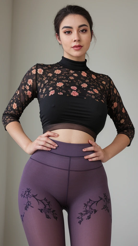 (sultry euro babe standing with hands on hips in a [sheer:skin tight sheer:15] top tucked into floral print [leggings|pantyhose]), see-through leggings, skin tight top, (shirt tucked in), [ :(large breasts), (curvy):0.2], sharp focus, hires, makeup, thick thighs, [ lipstick] , [full body] , (wide hips) , office pantyhose