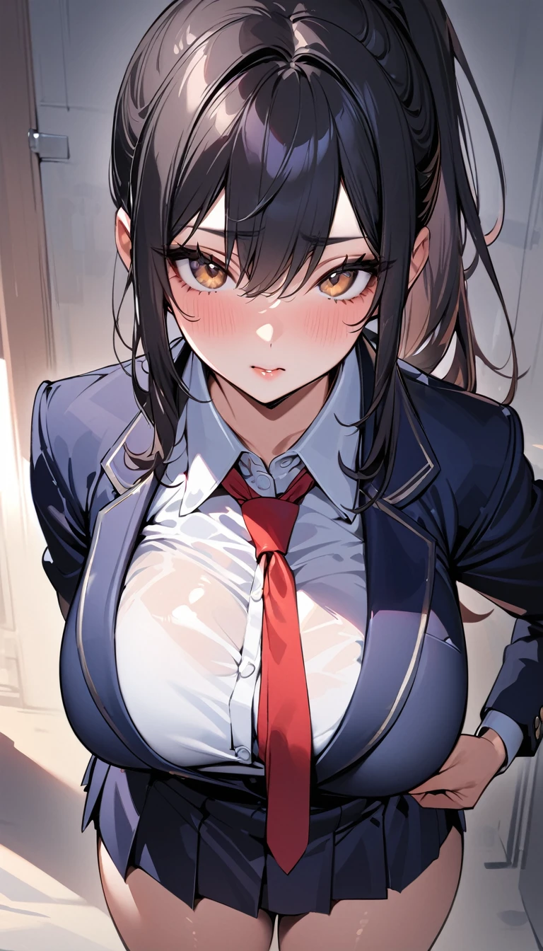 (best quality), (very aesthetic), (ultra-detailed), (best illustration), 1 girl, Solo, fine texture, black hair, long ponytail hair, (large breasts1.2), light brown eyes, collared shirt, blazer, pleated skirt, bow, school,sharp look