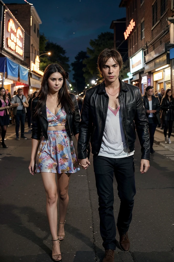 Damon Salvatore and Elena Gilbert arrive at a vibrant festival entrance. Damon, in a casual outfit with a leather jacket, and Elena, in a flowy dress, hold hands as they walk under colorful festival banners and lights, excitedly looking around at the festivities.

