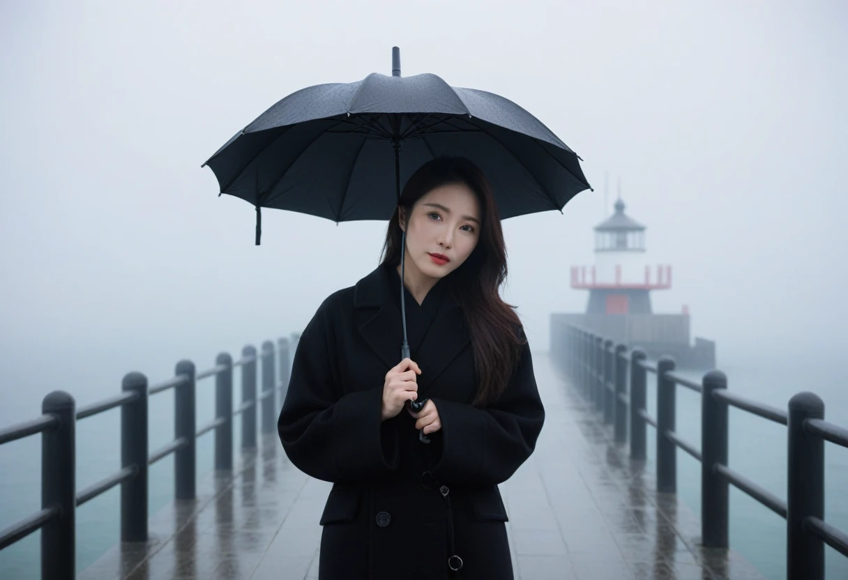 Beautiful 36 year old Korean woman, 짧은 middle 머리, Black coat, black umbrella, 멀리 Fog속 등대 불빛, cool,rain,blur,Fog,middle,cool,boring,,pier,only,lighthouse in the distance,darkness이 내리는 해안, The dim light shines in the Fog,and the figure stands in the Fog holding . Full body shot with Canon Camera 16-35 wide angle len, darkness, It&#39;s dark.