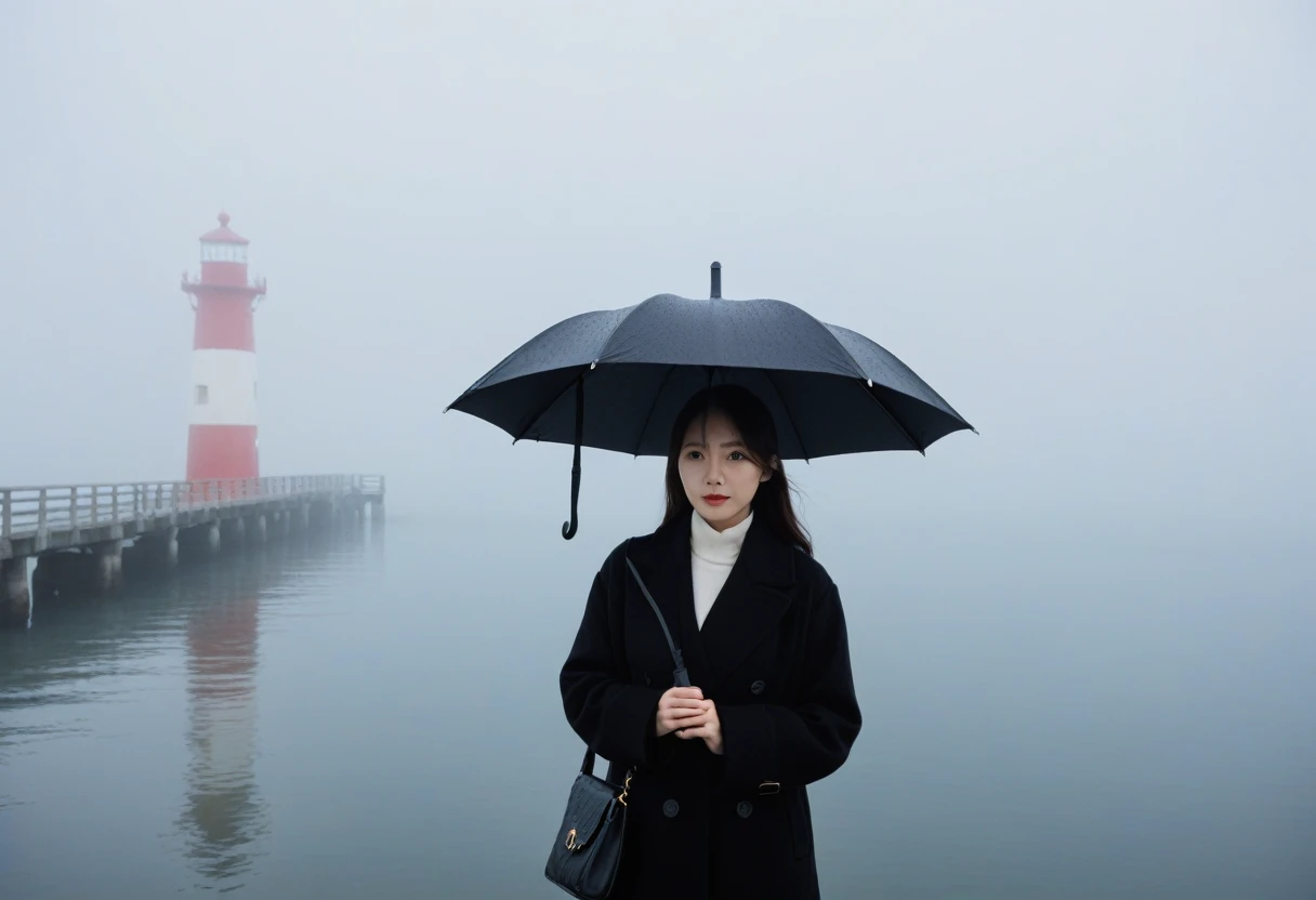 Beautiful 36 year old Korean woman, 짧은 middle 머리, Black coat, black umbrella, 멀리 Fog속 등대 불빛, cool,rain,blur,Fog,middle,cool,boring,,pier,only,lighthouse in the distance,darkness이 내리는 해안, The dim light shines in the Fog,and the figure stands in the Fog holding . Full body shot with Canon Camera 16-35 wide angle len, darkness, It's dark.