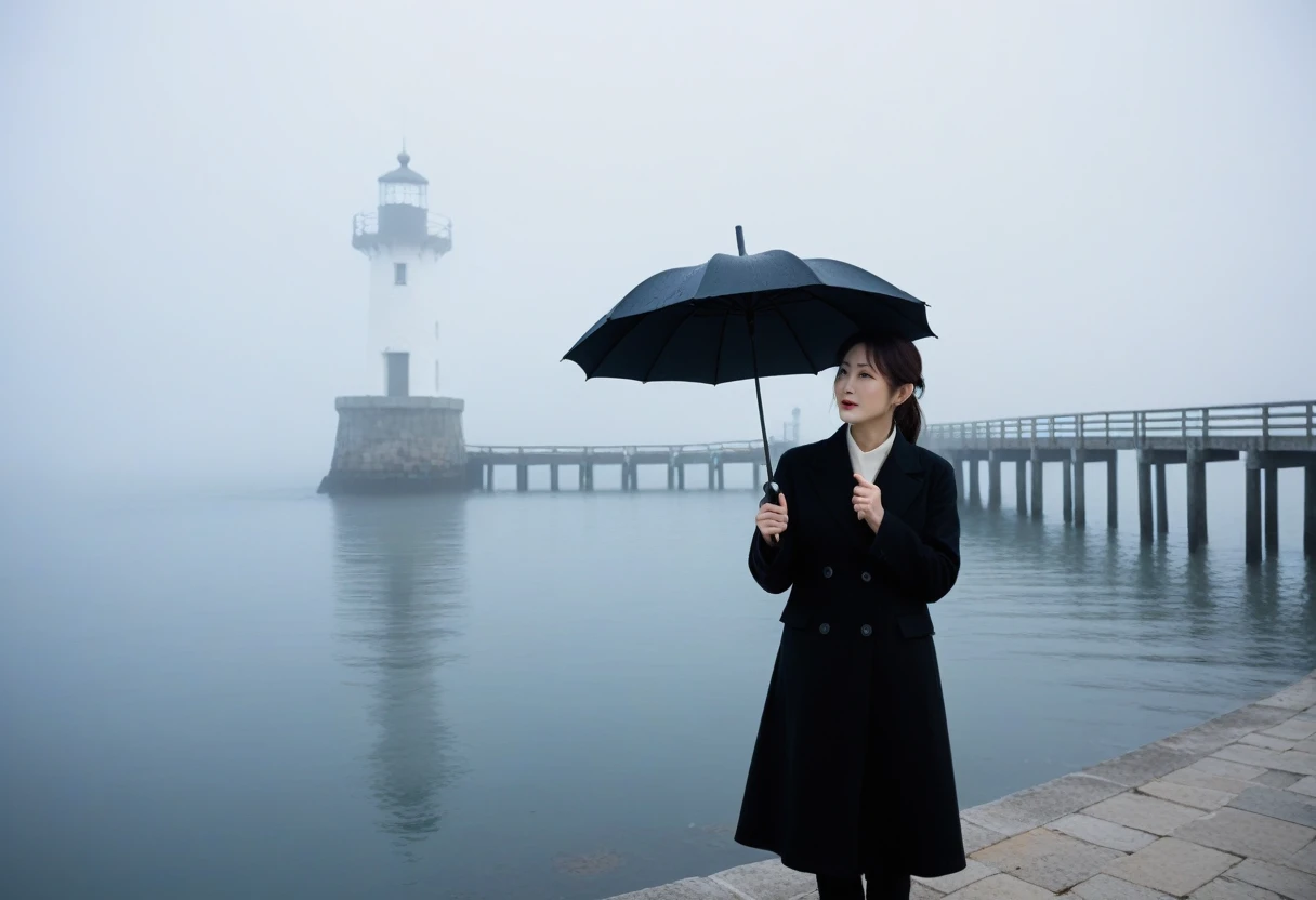 Beautiful 36 year old Korean woman, 짧은 middle 머리, Black coat, black umbrella, 멀리 Fog속 등대 불빛, cool,rain,blur,Fog,middle,cool,boring,,pier,only,lighthouse in the distance,darkness이 내리는 해안, The dim light shines in the Fog,and the figure stands in the Fog holding . Full body shot with Canon Camera 16-35 wide angle len, darkness, It's dark.