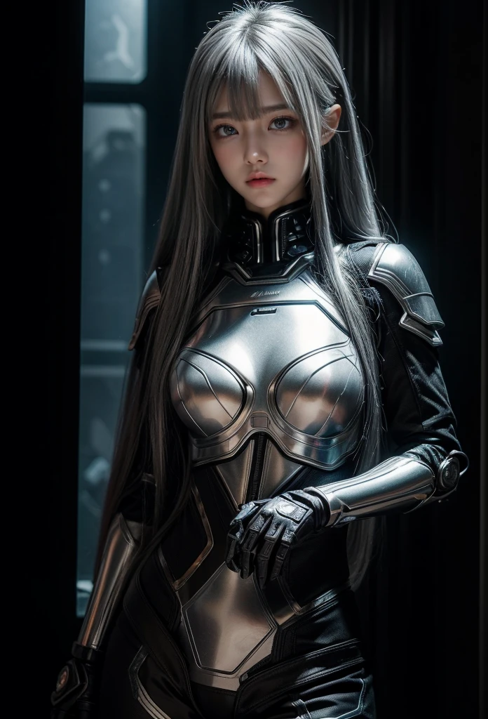 cyber angel,machine wing,{{Sci-Fi Armor}},cyber suit,cyberpunk,science fiction,cyber battle armor,Battledress,Military Uniforms,pants,black military uniform,whole body,Height: 168cm,almond shape eyes,{{{{{silver eyes}}}}},{{{{{dull bangs}}}}},(slanted eyes},{{whole body},{{{1 girl}}}, long hair, straight hair,{{{{silver hair}}}},{{{tsurime}}},30 years old,{Medium chest},{{bush}},silver eyes,{{{masterpiece}}}, {{{highest quality}}}, {{Super detailed}}, {shape}, {{very delicate and beautiful}},very detailed,detailed perfect,detailed hyper,Abundant thighs,big ass,black clothes