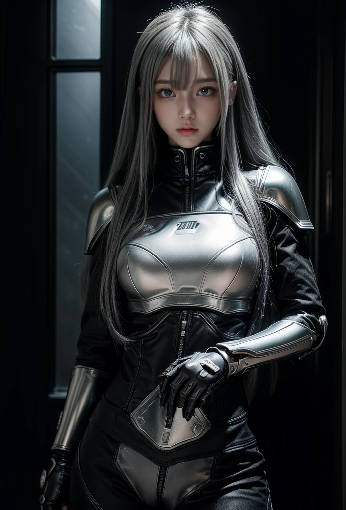 cyber angel,machine wing,{{Sci-Fi Armor}},cyber suit,cyberpunk,science fiction,cyber battle armor,Battledress,Military Uniforms,pants,black military uniform,whole body,Height: 168cm,almond shape eyes,{{{{{silver eyes}}}}},{{{{{dull bangs}}}}},(slanted eyes},{{whole body},{{{1 girl}}}, long hair, straight hair,{{{{silver hair}}}},{{{tsurime}}},30 years old,{Medium chest},{{bush}},silver eyes,{{{masterpiece}}}, {{{highest quality}}}, {{Super detailed}}, {shape}, {{very delicate and beautiful}},very detailed,detailed perfect,detailed hyper,Abundant thighs,big ass,black clothes