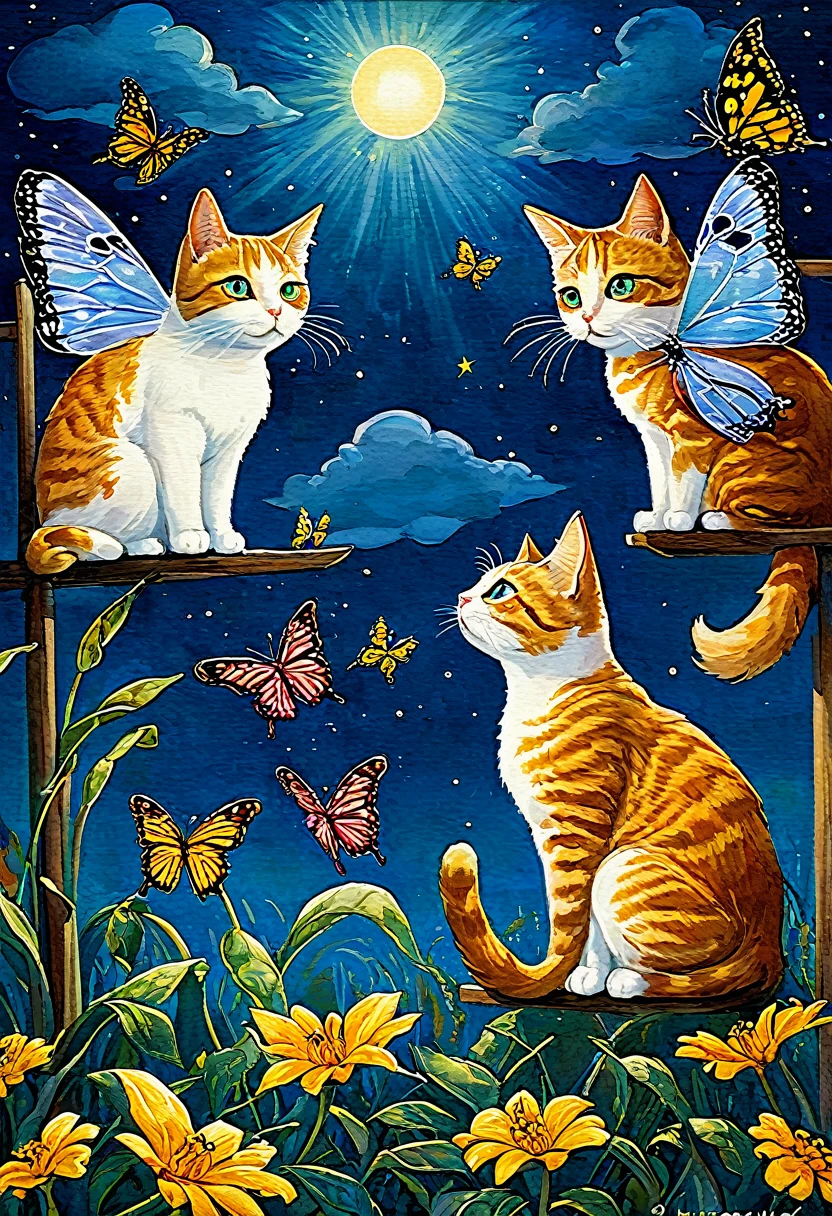 painting of two gatos with borboletas and a butterfly in the sky, arte caprichosa, two gatos, illustration of 2 gatos, linda arte, borboletas, por Elaine Hamilton, por Tadeusz Brzozowski, por Pat Adams, gatos, por Lisa Milroy, cat cat dreamgatos, por Ivan Generalic, profundidade incrível, por Alison Kinnaird