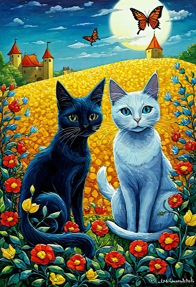 painting of two gatos with borboletas and a butterfly in the sky, arte caprichosa, two gatos, illustration of 2 gatos, linda arte, borboletas, por Elaine Hamilton, por Tadeusz Brzozowski, por Pat Adams, gatos, por Lisa Milroy, cat cat dreamgatos, por Ivan Generalic, profundidade incrível, por Alison Kinnaird