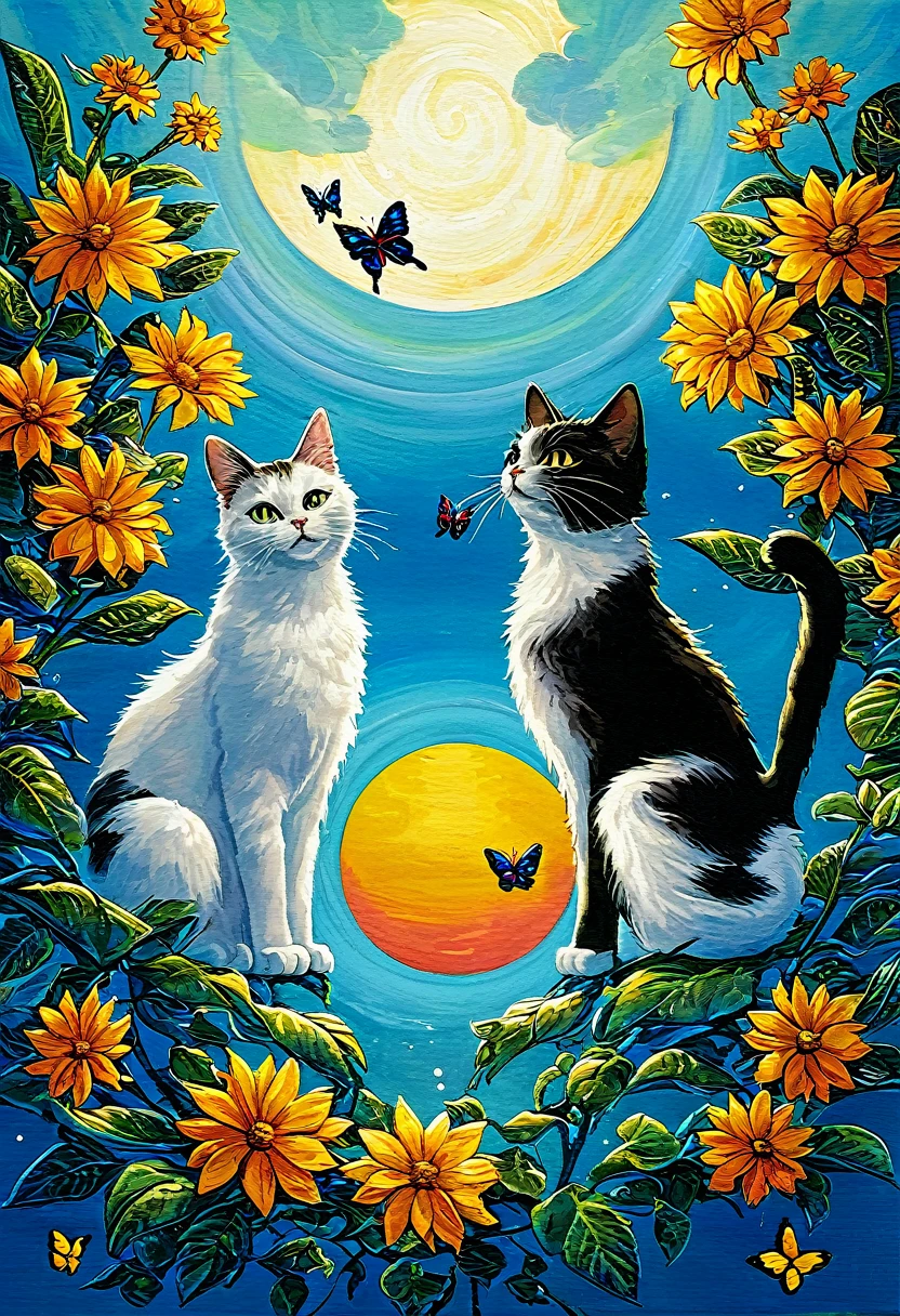 painting of two gatos with borboletas and a butterfly in the sky, arte caprichosa, two gatos, illustration of 2 gatos, linda arte, borboletas, por Elaine Hamilton, por Tadeusz Brzozowski, por Pat Adams, gatos, por Lisa Milroy, cat cat dreamgatos, por Ivan Generalic, profundidade incrível, por Alison Kinnaird