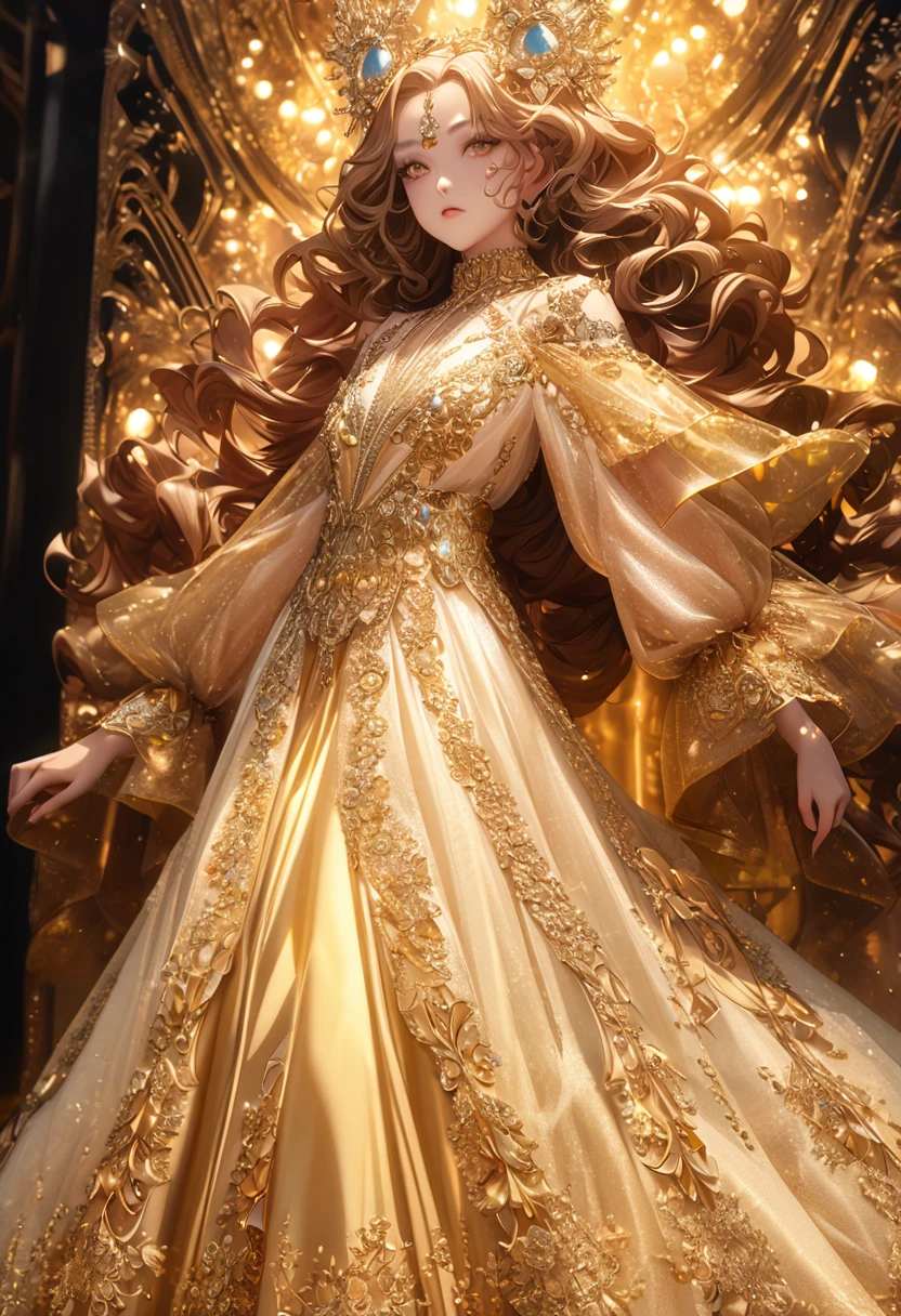 supermodel with detailed long curly frizzy flowy hair, wearing golden (translucent and intricately embroidered), wearing weird future fashion, luxurious and intricate golden accents, cinematography, intricately detailed, crafted, meticulous, magnificent, maximum details, extremely hyper aesthetic, bokeh, professional photoshoot
