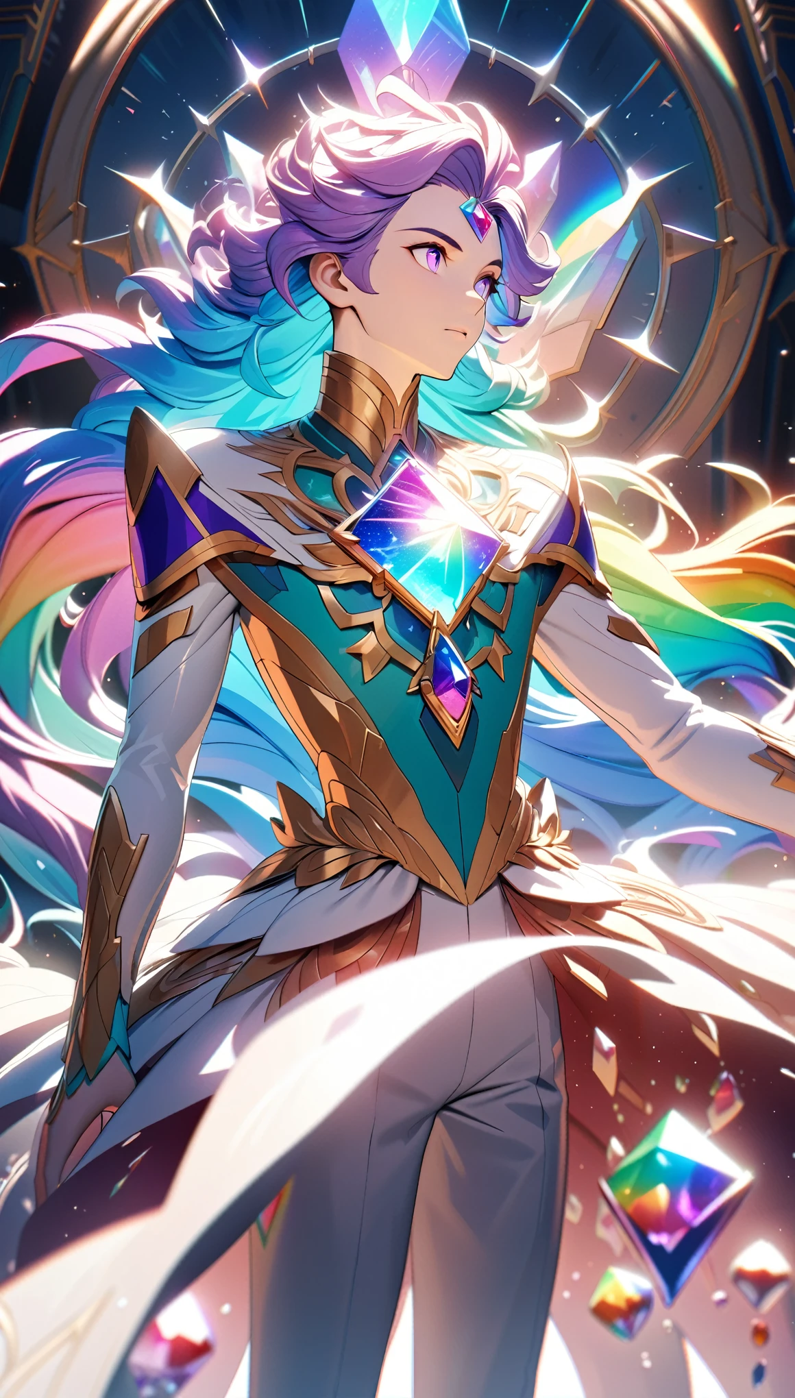 1boy, solo, young adult, character is a boy, image of a regal and intimidating yet kind version of rainbow quartz from steven universe:future, highly detailed, extremely detailed face and eyes, flawless skin, elegant and graceful pose, flowing hair, intricate details, ethereal glow, glowing gemstone, dramatic lighting, cinematic atmosphere, vibrant colors, jewel-toned palette, digital art, octane render, high quality, 8k, masterpiece
