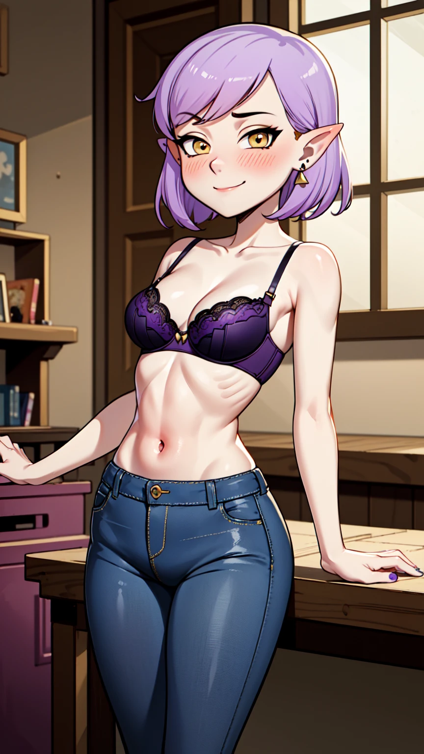(masterpice, best quality), AmityBlight, makeup, black earrings, yellow eyes, short hair, (purple hair:1.4), pointed ears, (((bra))),small breasts, amulet, (tight blue jeans), standing, looking at viewer, seductive smile, naughty face, nose blush