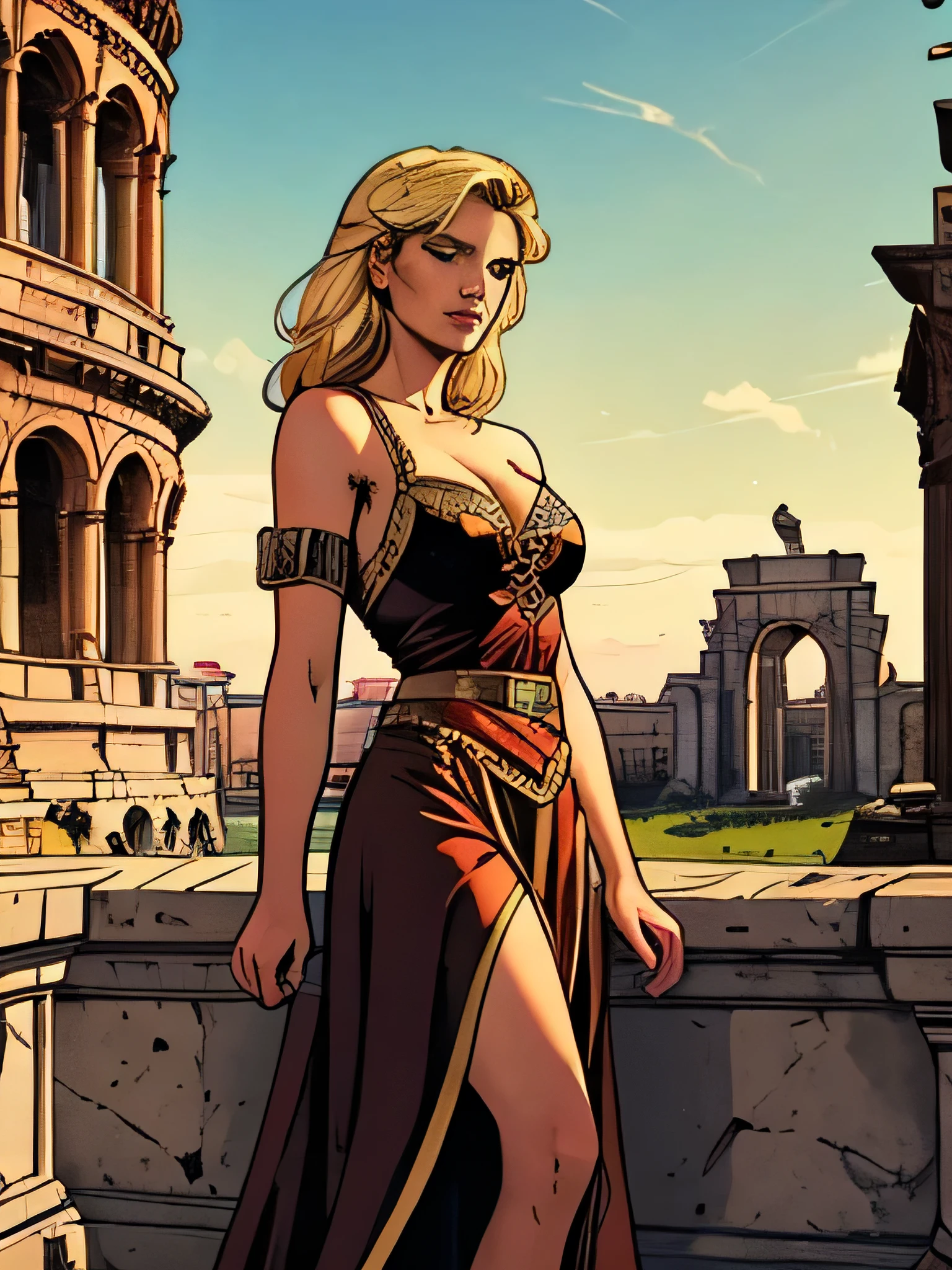 German blonde woman and from afar a large Roman empire in the background with giant structures and an imposing empire