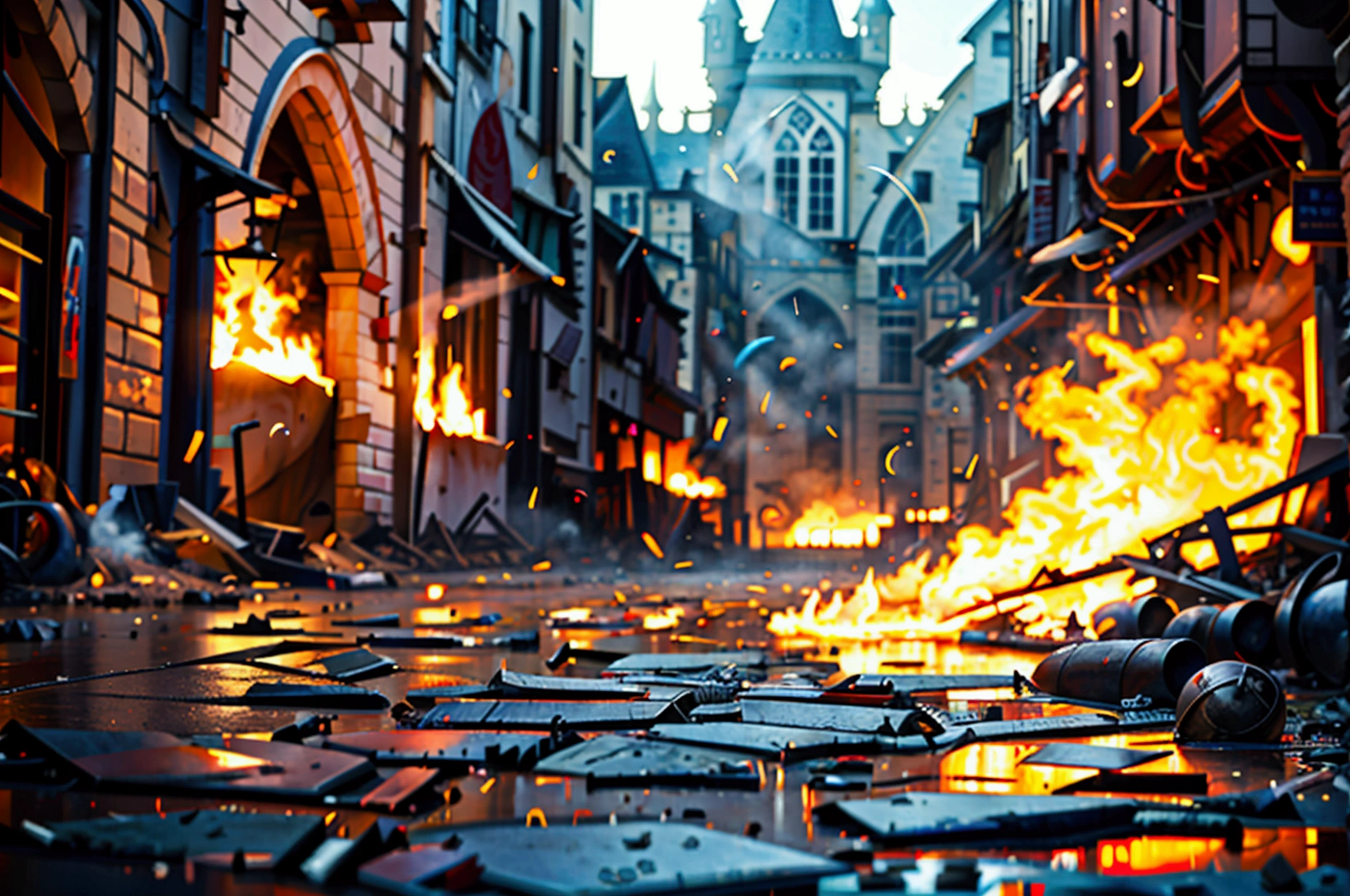 medieval city burning, in flames, war, 