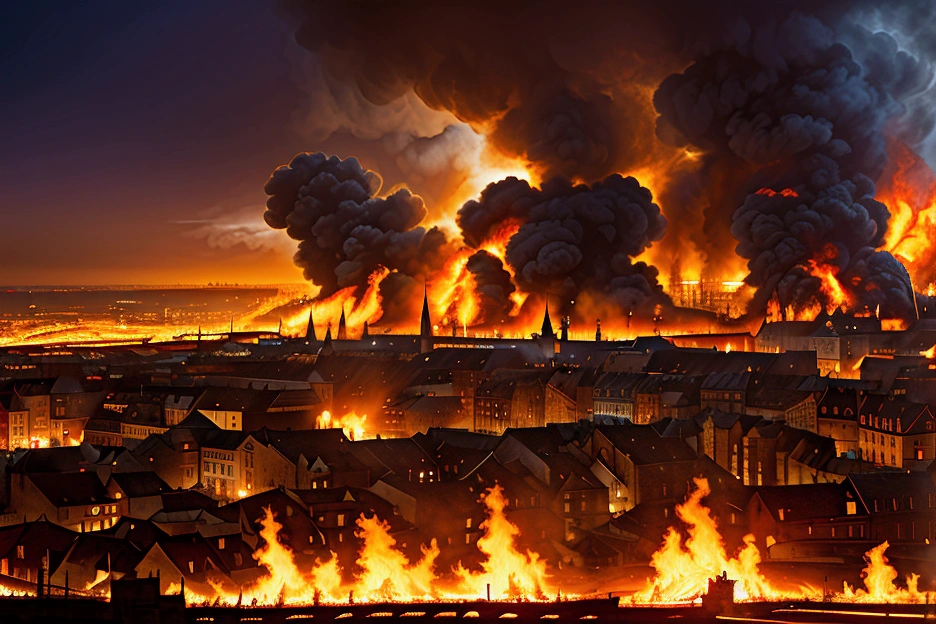 medieval city burning, in flames, war, 