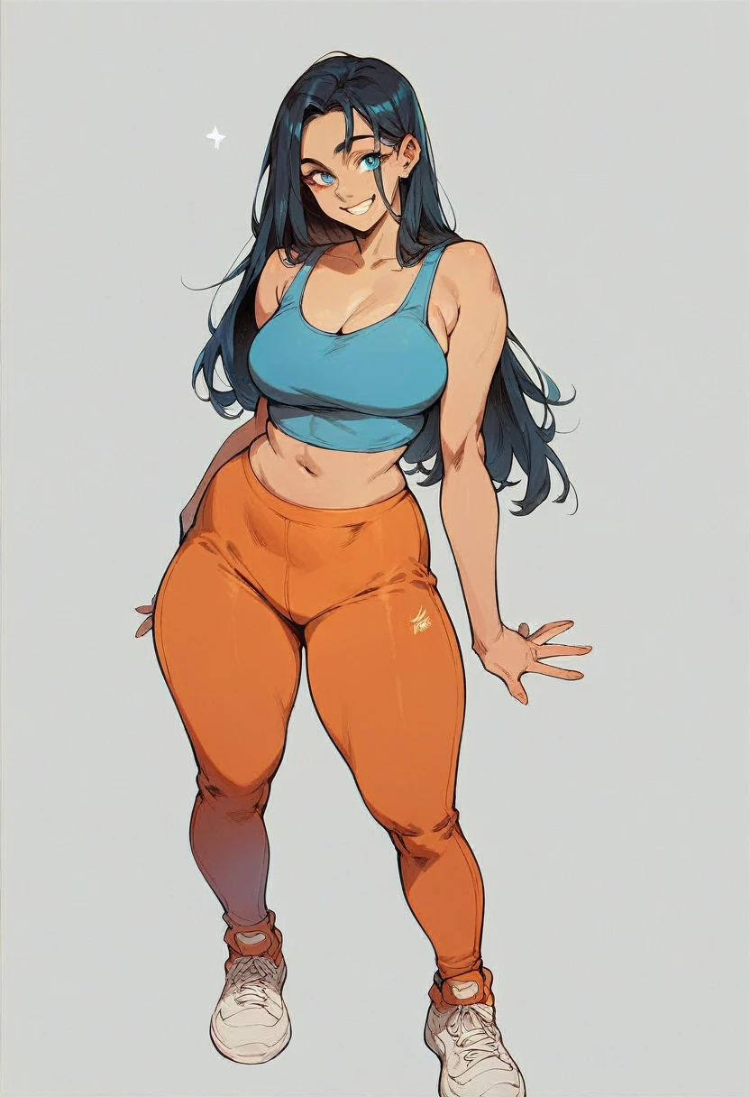 Score_9, Score_8_up, Score_7_up, 1 girl, black hair, blue eyes, curvy figure, smile, blue tank top, orange yoga pants, belly button, big bust, sneakers, standing, simple background, White background,
