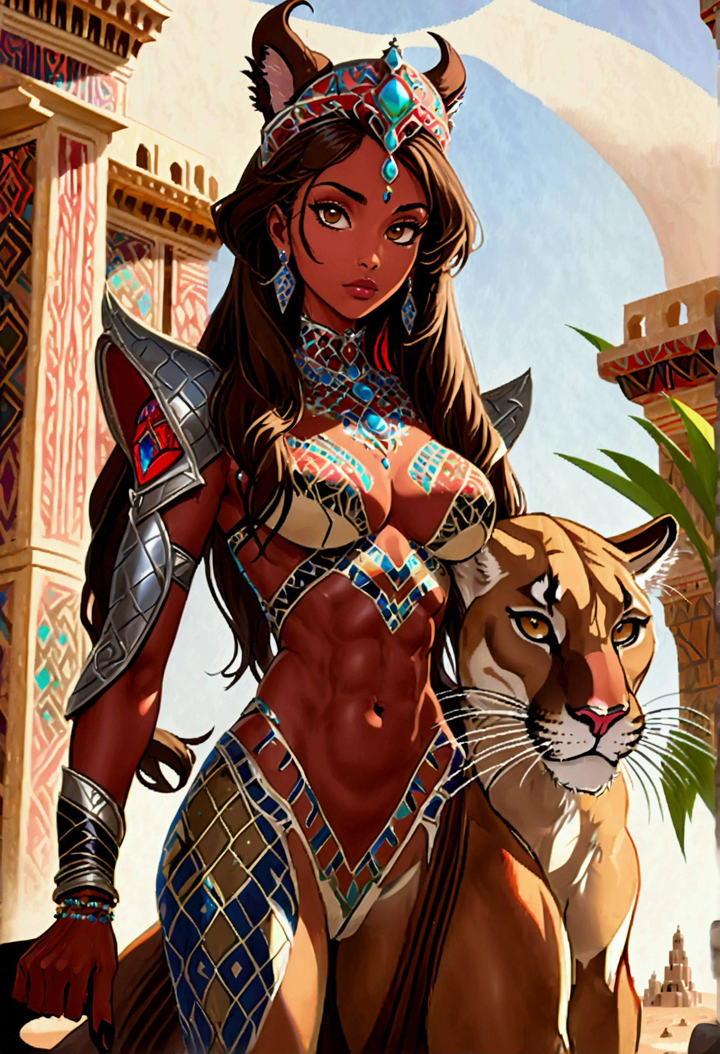 Arafed picture of a desert princess BREAK and her pet cougar in her palace high details, best quality, 16k, f a female human princess and her pet cougar, princess of the desert, full body, ((anatomically correct: 1.5)) ((standing: 1.5)) proudly royalty demeanor, a woman, (best detailed face: 1.5), Ultra Detailed face, wearing royal desert dress, decorated with gems, wearing princess tiara, small cleavage, thigh high intricate leather high heeled boot, thick hair, long hair, brown hair, tan skin intense brown eyes, her epic desert (cougar : 1.3) lying at her feet, guarding her, an epic fantasy desert palace in an oasis in the background (intricate details, Masterpiece, best quality: 1.5) night, moon light, stars ,Wide-Angle, award winning, best quality, high quality, high details, highres, vibrant, Ultra-high resolution, High Contrast, (masterpiece:1.5), highest quality, Best aesthetics, best details, best quality, highres, ultra wide angle, 16k, [ultra detailed], masterpiece, best quality, chumbasket art style, Cinematic Hollywood Film,