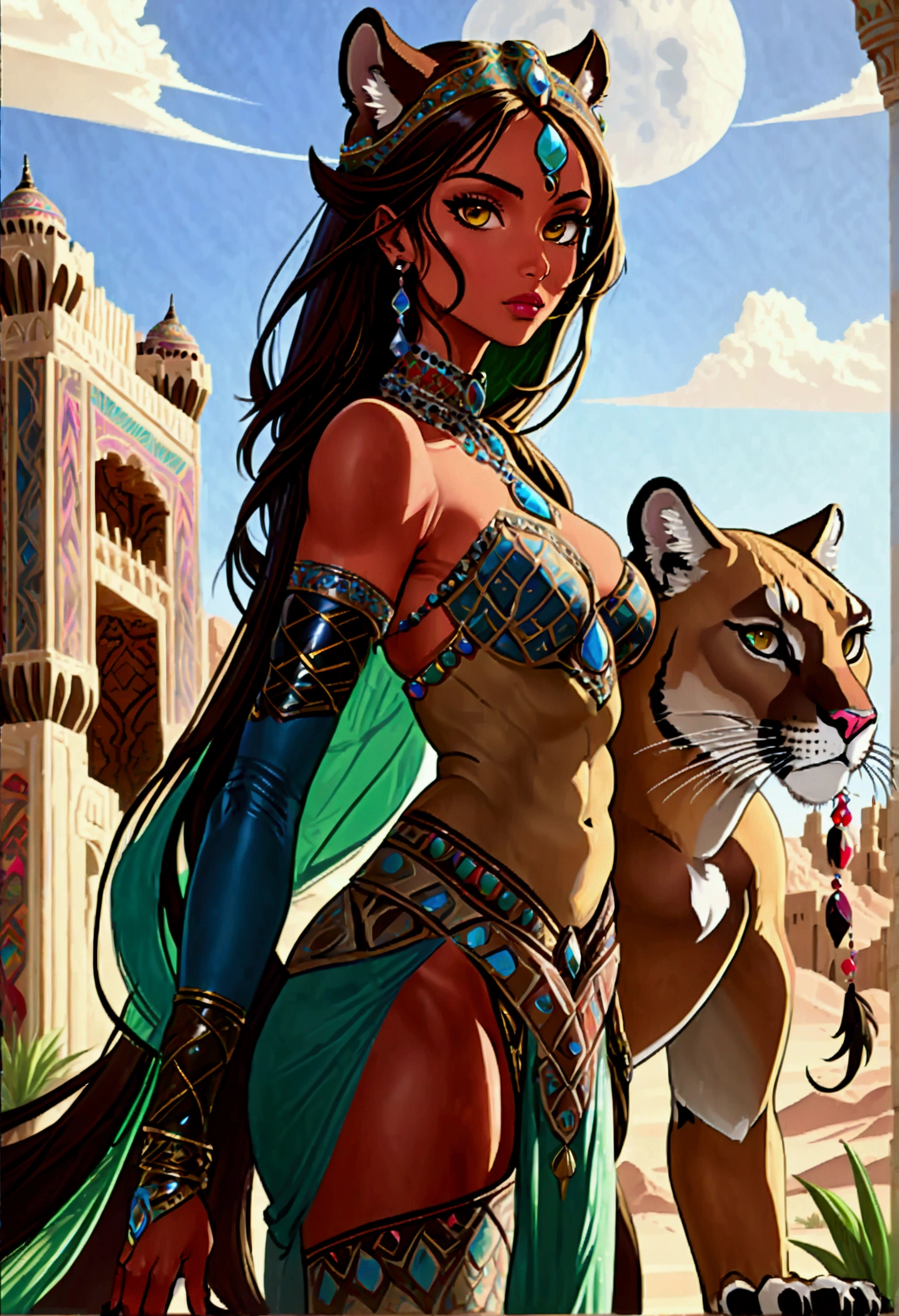 Arafed picture of a desert princess BREAK and her pet cougar in her palace high details, best quality, 16k, f a female human princess and her pet cougar, princess of the desert, full body, ((anatomically correct: 1.5)) ((standing: 1.5)) proudly royalty demeanor, a woman, (best detailed face: 1.5), Ultra Detailed face, wearing royal desert dress, decorated with gems, wearing princess tiara, small cleavage, thigh high intricate leather high heeled boot, thick hair, long hair, brown hair, tan skin intense brown eyes, her epic desert (cougar : 1.3) lying at her feet, guarding her, an epic fantasy desert palace in an oasis in the background (intricate details, Masterpiece, best quality: 1.5) night, moon light, stars ,Wide-Angle, award winning, best quality, high quality, high details, highres, vibrant, Ultra-high resolution, High Contrast, (masterpiece:1.5), highest quality, Best aesthetics, best details, best quality, highres, ultra wide angle, 16k, [ultra detailed], masterpiece, best quality, chumbasket art style, Cinematic Hollywood Film,