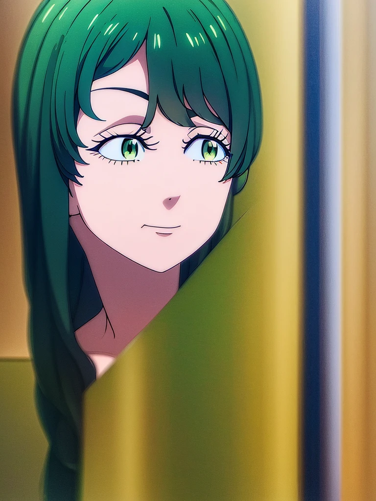 1 pet yuzuja girl, tokyo avengers, long straight black hair with bangs, emerald eye color ( seawater green) a piercing in the left ear,  (a calm look) and a slight smile ( Perfect picture)